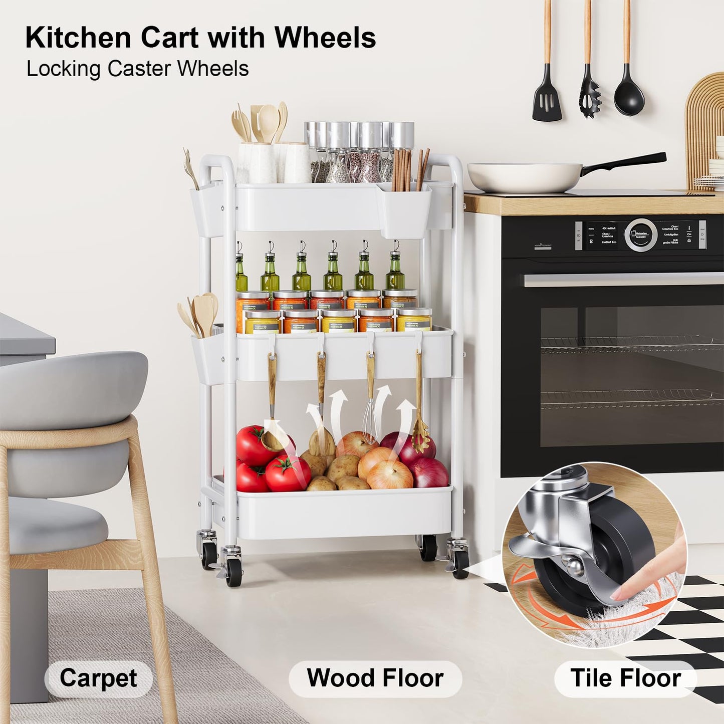 3 Tier Rolling Cart Metal with Wheels, White Three Tiered Craft Cart Organizer on Wheels, Storage Utility Carts for Art, Baby Nursery,Diaper Caddy, Cleaning Supplies, Nail,Lash,Snack,Book,Roller Shelf