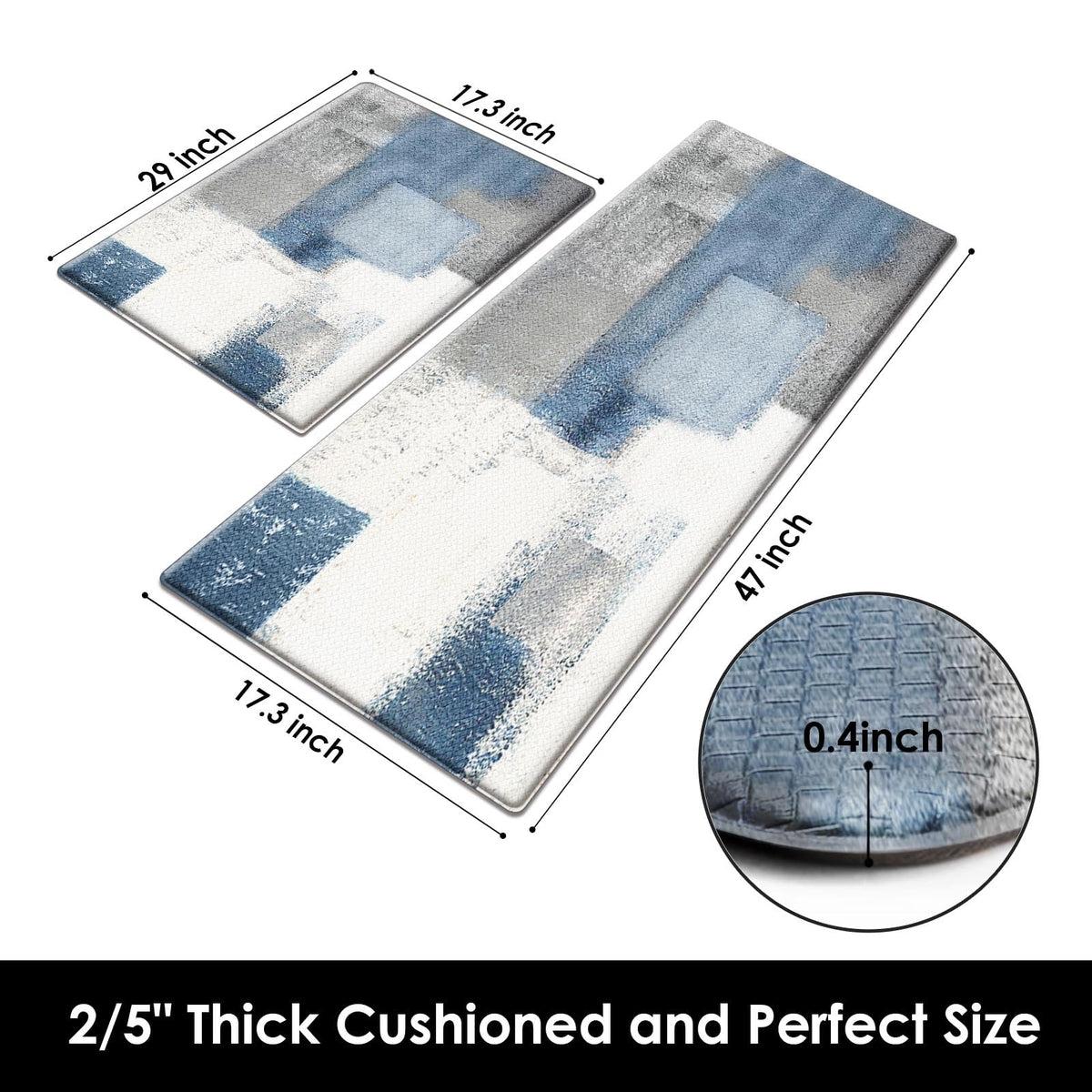 Nesphy Anti-Fatigue Blue Grey Kitchen Rug Set of 2 Cushioned Abstract Rug for Floor, Art Standing Mat Waterproof Non-Slip Mat PVC Ergonomic Comfort Foam Kitchen Decor