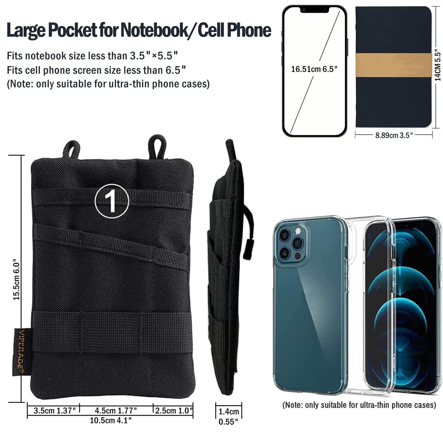 VIPERADE VE1 Pocket Organizer, EDC Pocket Pouch for Men, Pocket Organizer Storage EDC Gears, Keep Organized, Hold Your Flashlight/Pocket Knife, Tactical Pen, Notebook(Black)