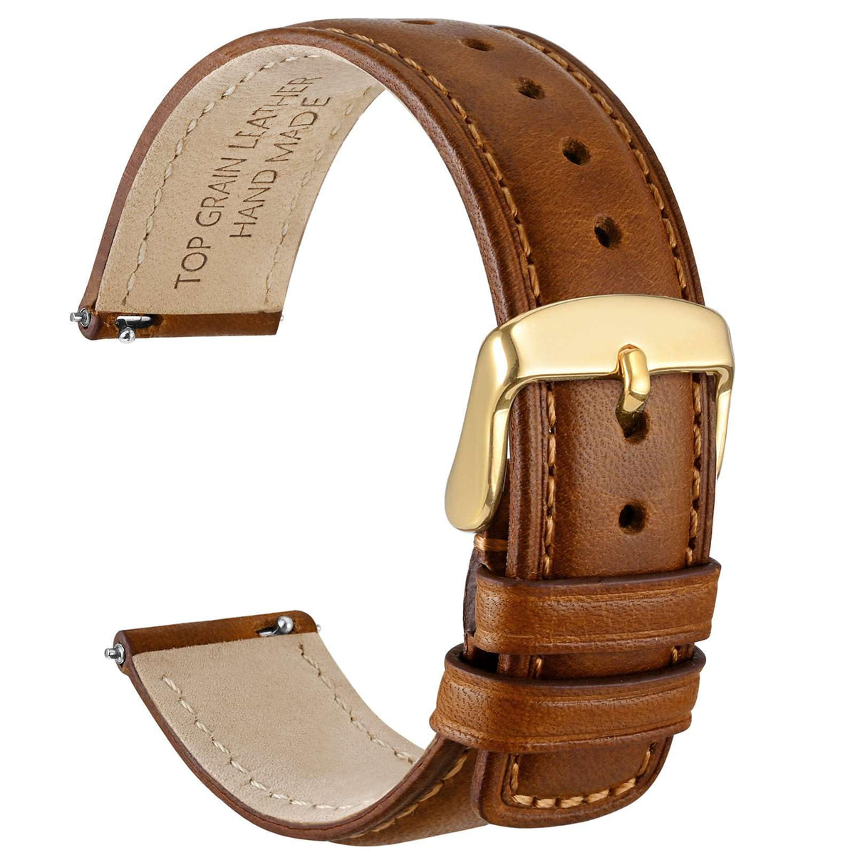 WOCCI 20mm Watch Band for Men and Women, Genuine Leather - Top Grain Leather, Quick Release Strap, Golden Buckle (Golden Brown)
