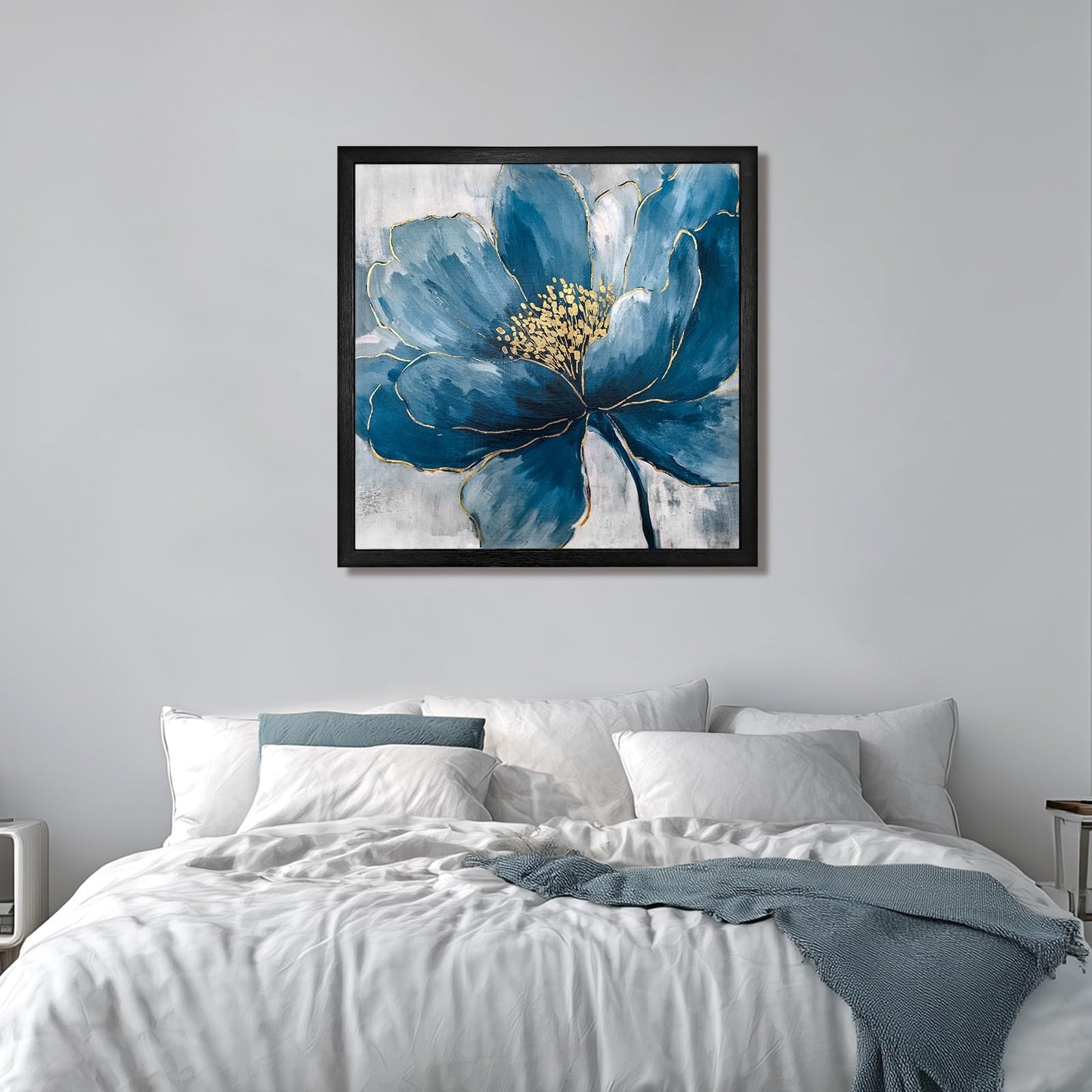 llribbons Framed Flower Wall Art Hand Painted Elegant Blue Peony Floral Canvas Pictures Indigo Gold Painting 3D Textured Prints Artwork for Living Room Bedroom Bathroom Office Home Decor 20" x 20"