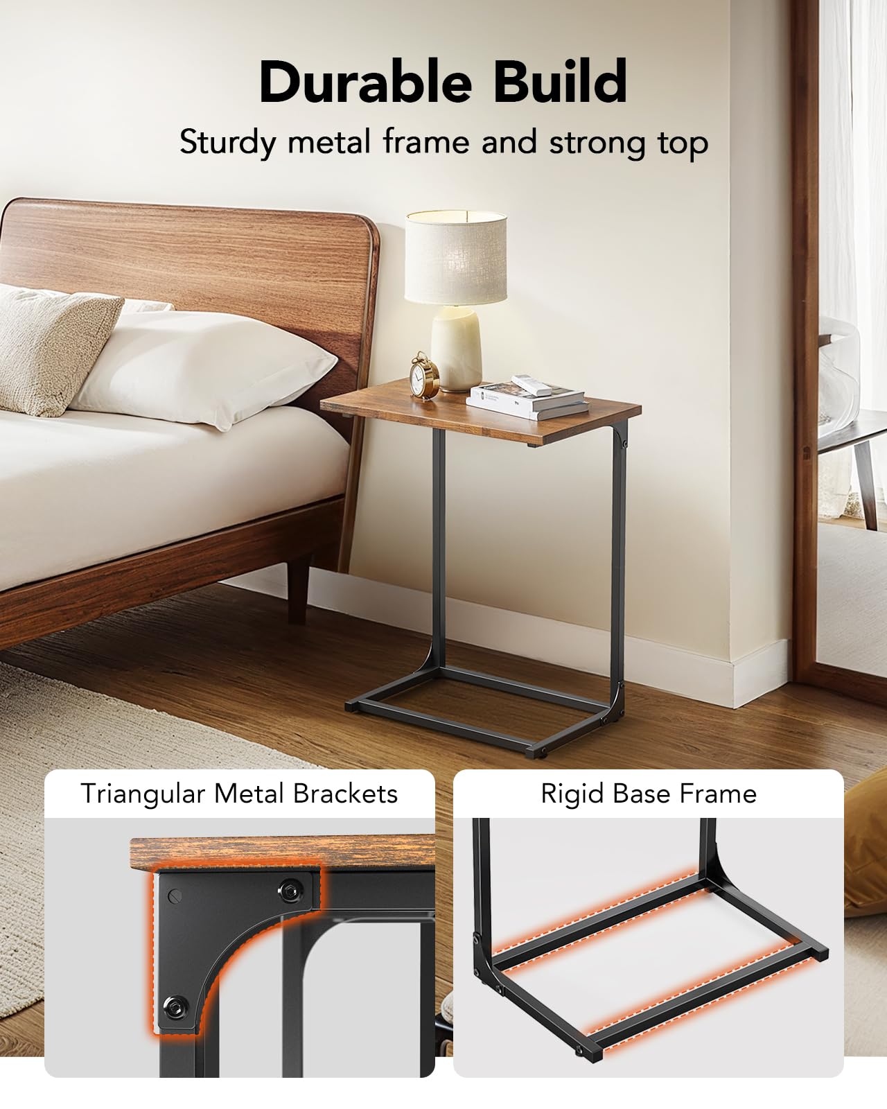 Pipishell C-Shaped Side Table, C Table for Sofa with Two-Piece Desktop & Metal Frame, Large Surface End Table for Living Room, Bedroom, Bedside, Rustic Design