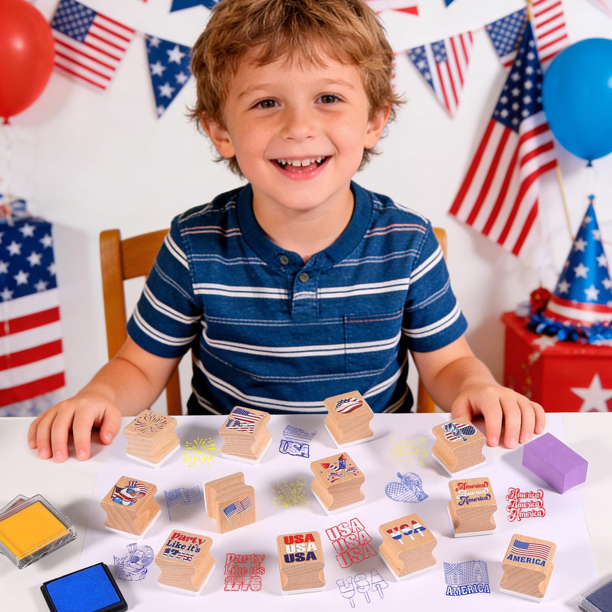 HOWAF USA Patriotic Wooden Rubber Stamps Set, 12pcs 4th of July Stamps Ink Pads for Independence Day DIY Crafts, 250 Years of Freedom Party Favors American Flag Inking Stamp Rubber Stamp