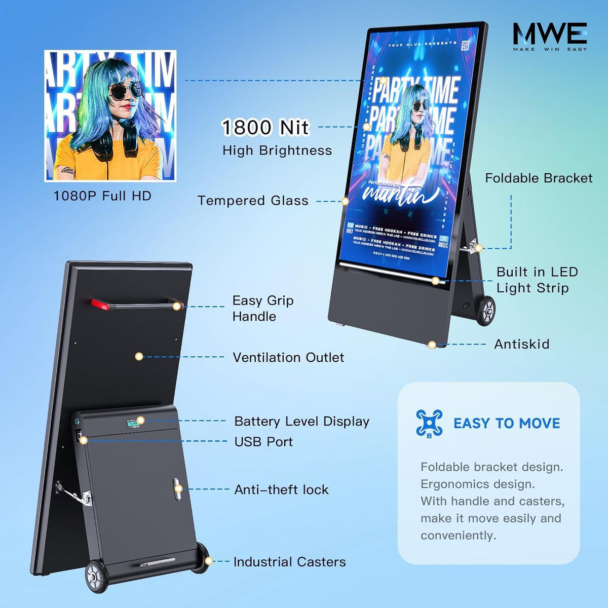 QIXZOCV MWE 43 Inch Outdoor Digital Signage Display, Portable Battery Powered High Brightness Screen Advertising Display Kiosk, Movable Waterproof Standing Poster, Android OS