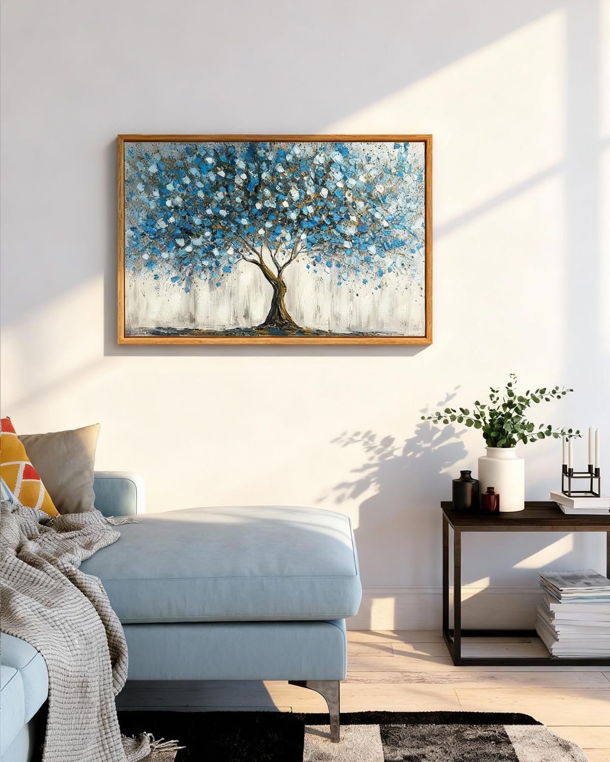 ARPEOTCY 3D Textured Large Framed Canvas Wall Art Prints, Abstract Modern Hand-Painted Blue Tree of Life Oil Painting, Neutral Artwork Home Wall Decor for Living Room Bedroom Office, 16x24inch