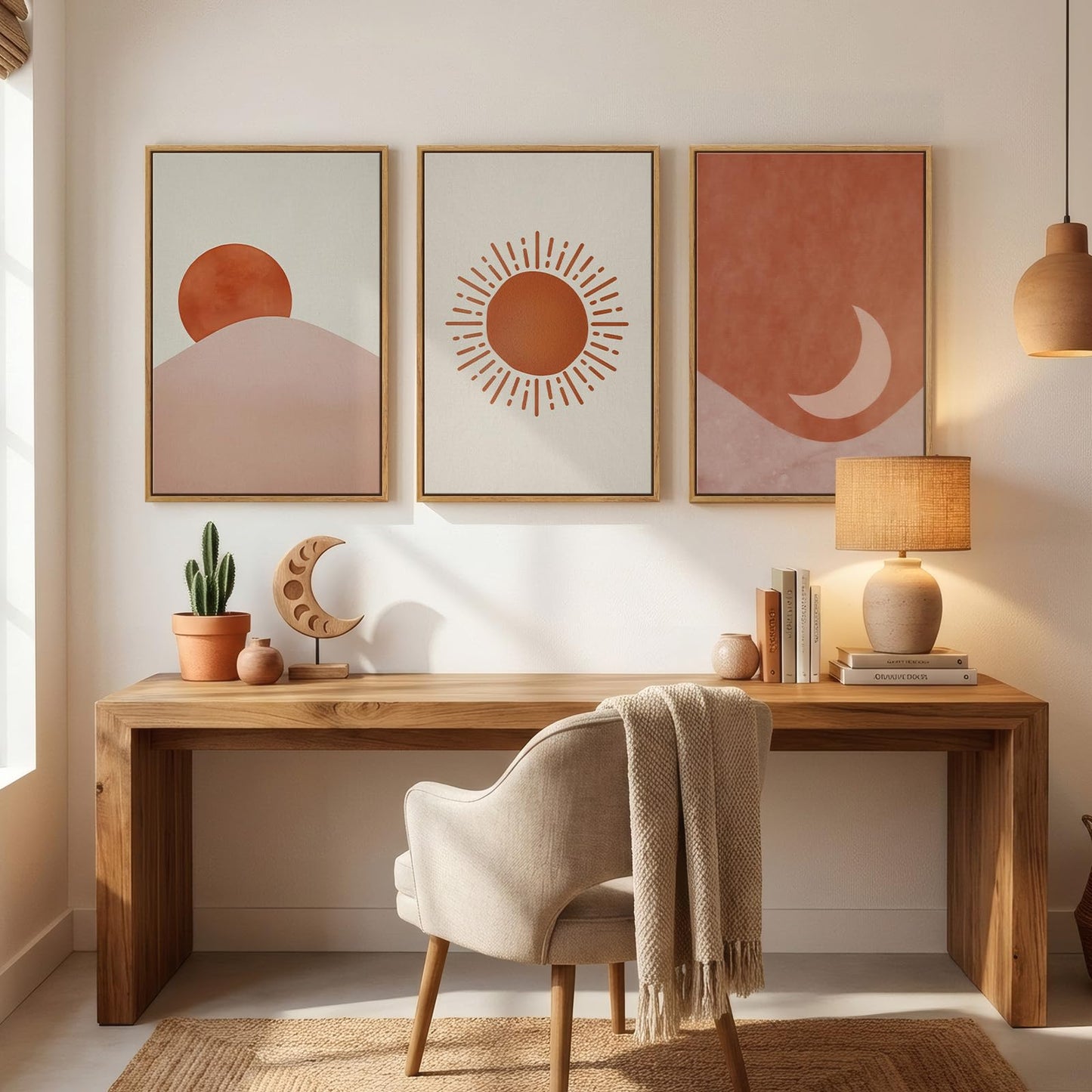 Framed Sun and Moon Boho Wall Art Bedroom, 3 Piece Abstract Minimalist Terracotta Canvas Painings Prints Artwork for Walls, Mid Century Modern Bohemian Pictures for Living Room Office Wall Decor, 16x24 Inch