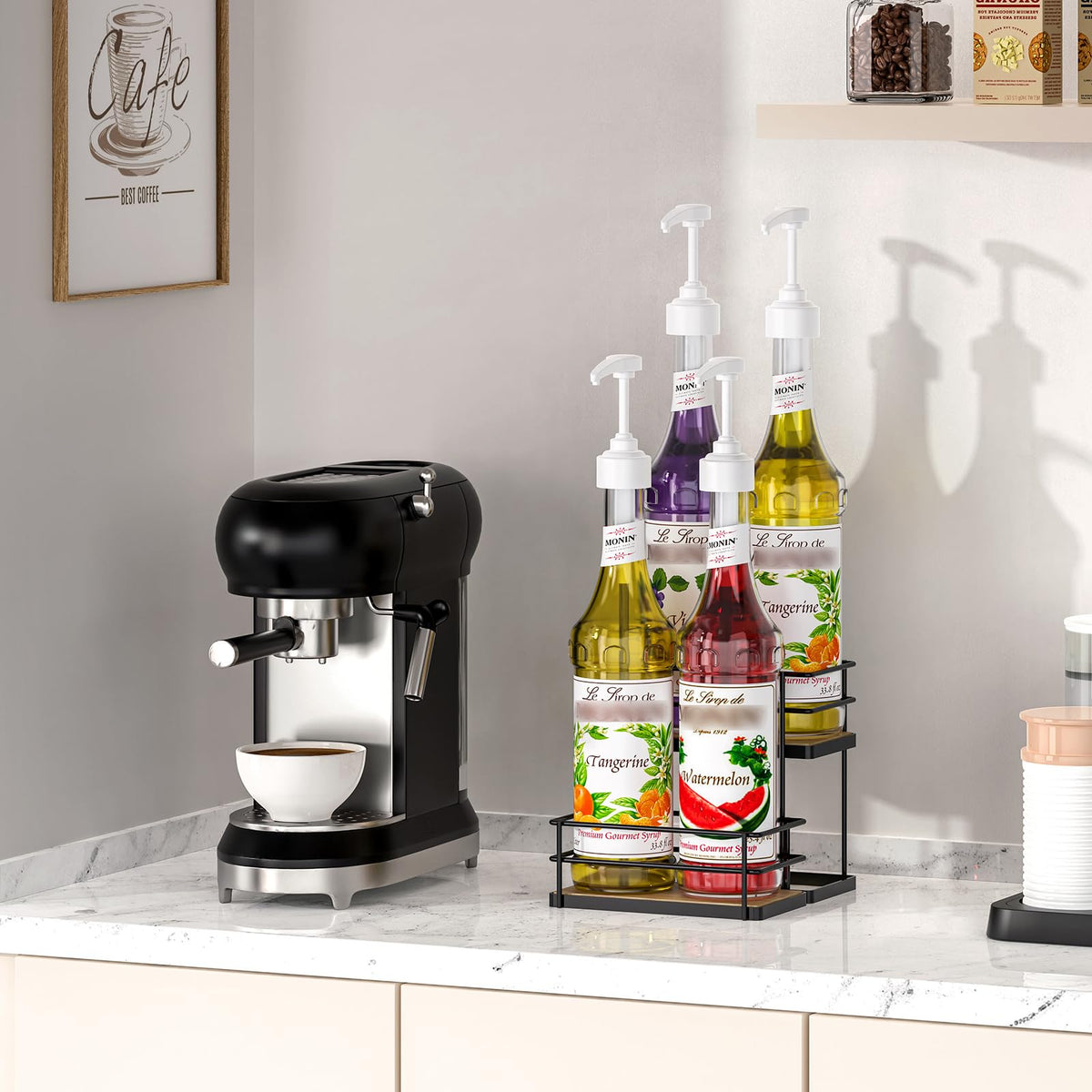 THYGIFTREE Coffee Syrup Rack Organizer 4 Bottle Syrup Holder Stand 2-Tier Storage Shelves for Kitchen Coffee Bar Station