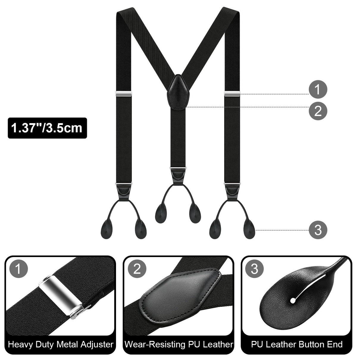 Button Suspenders for Men Y-Back 1.4 Inches Wide Leather Button End Elastic Adjustable Suspenders for Men Tuxedo Black Braces