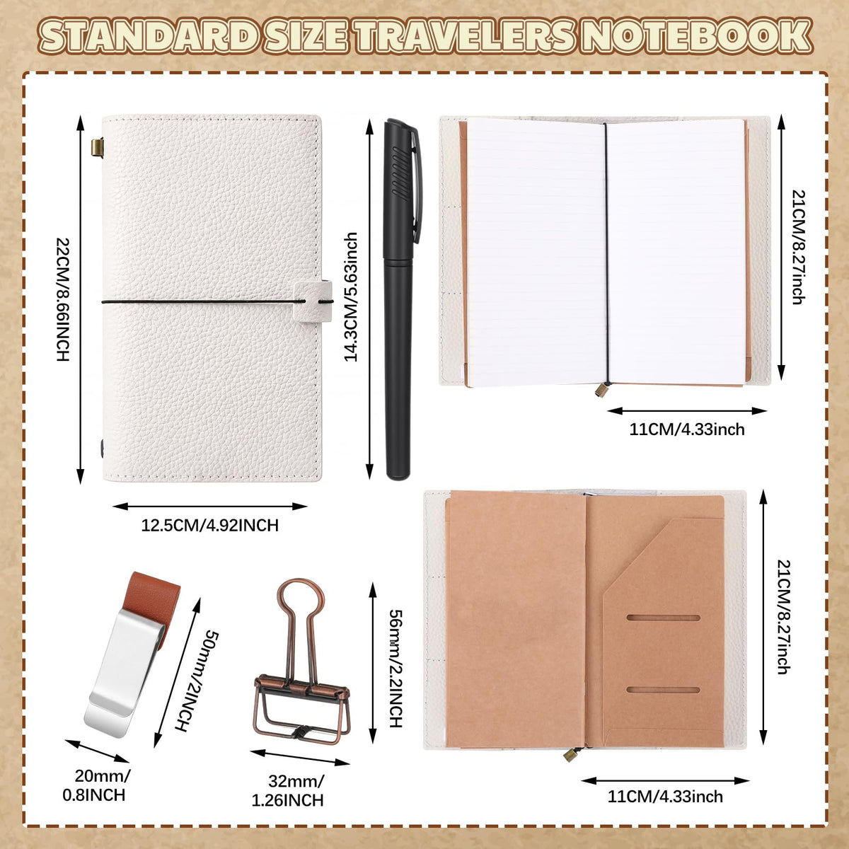 Eaasty Regular Size Travelers Refillable Leather Journal Notebook with Pocket 4.9"x8.6" Handmade Travel Diary for Men Women with 3 Notebook Inserts Kraft File Folder, Pen Holder and Binder Clip(White)