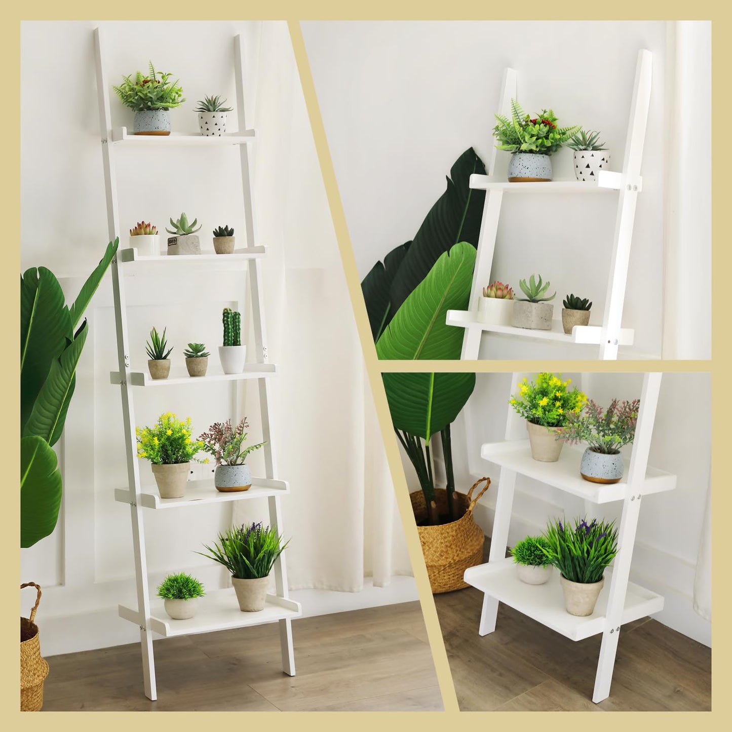 HYNAWIN Ladder Shelf 5-Tier Bookshelf – Storage Rack Shelves Wall Leaning Shelf,White Freestanding Plant Flower Stand, Corner Display Bookcase