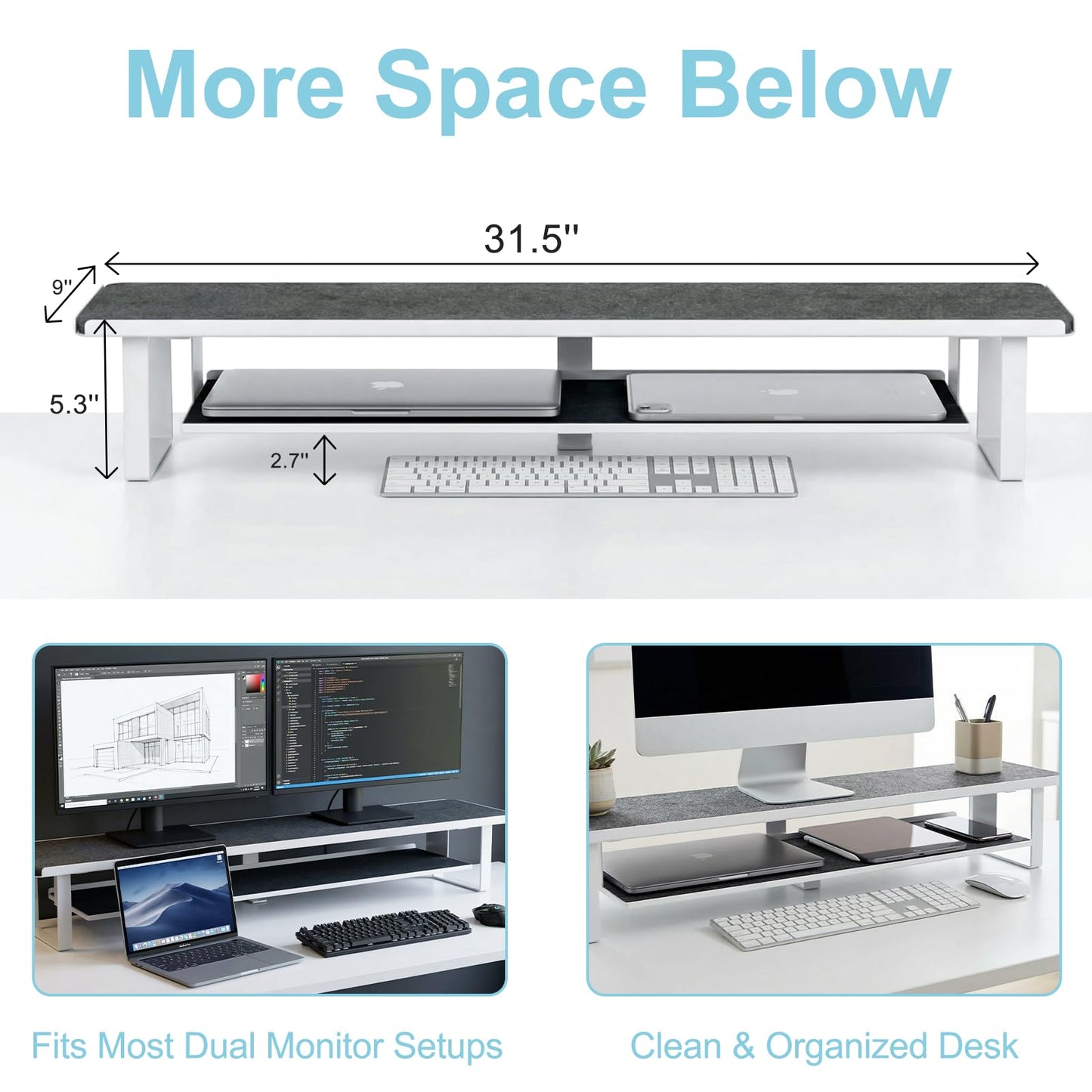 ERGO COLLECT Carbon Steel Dual Monitor Stand Riser, 31.5 Inch Extra Wide & Thick Heavy Duty 2 Tier Desktop Organizer with Pull Out Storage Drawer, Ergonomic Desk Stand for Curved & Gaming Monitors Home Office