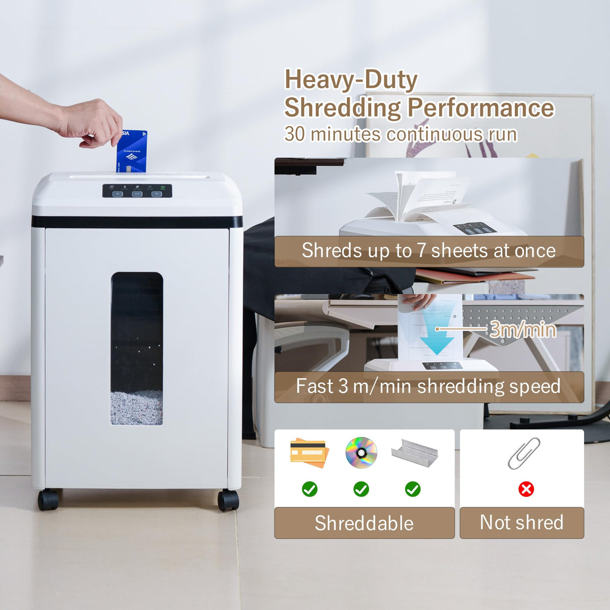 Effeluviate Professional Commercial Paper Shredder: P-7 Security Super Micro-Cut 1x1.7mm 7 Sheets/CDs/Cards/Staples 6-Gal Bin Heavy Duty for Home/Office/Industrial/Business Use-Confidential Documents
