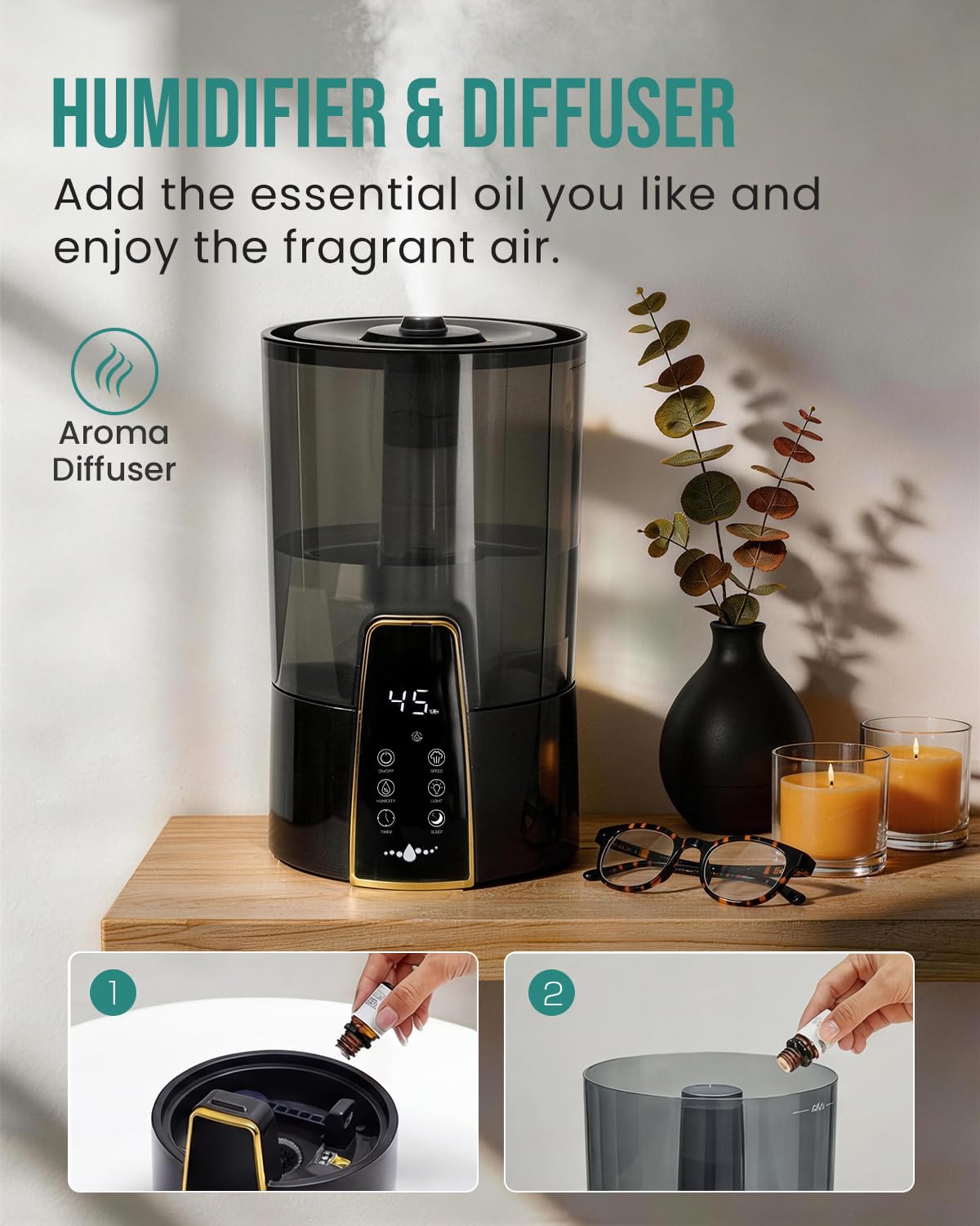 YOKEKON Humidifiers for Bedroom,1.06Gal(4L) Dishwasher Safe Design Easy to Clean,Top Fill,Night Light,Aroma Diffuser,Humidity Control,12H Timer,Sleep Mode,3 Level Mist,360° Nozzle,Home,Nursery,Black