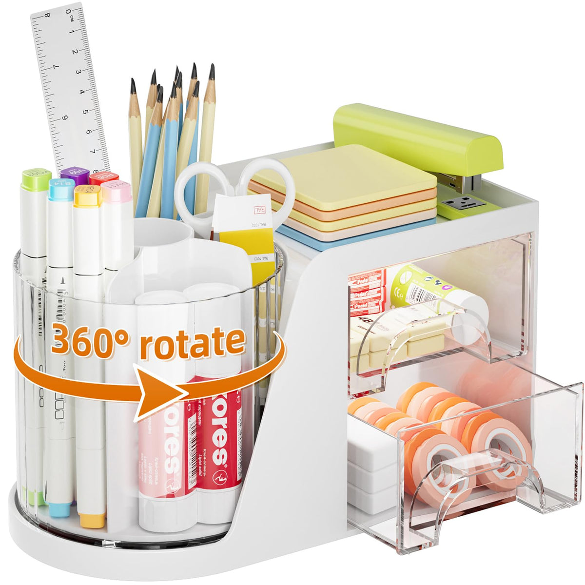 Marbrasse Desk Organizer with 2 Drawer, 360°Rotating Pen Holder, Desk Organizers and Accessories with 6 Slots Pencil Organizer + 2 Drawer, Art Supply Storage Box Caddy for Office (White)