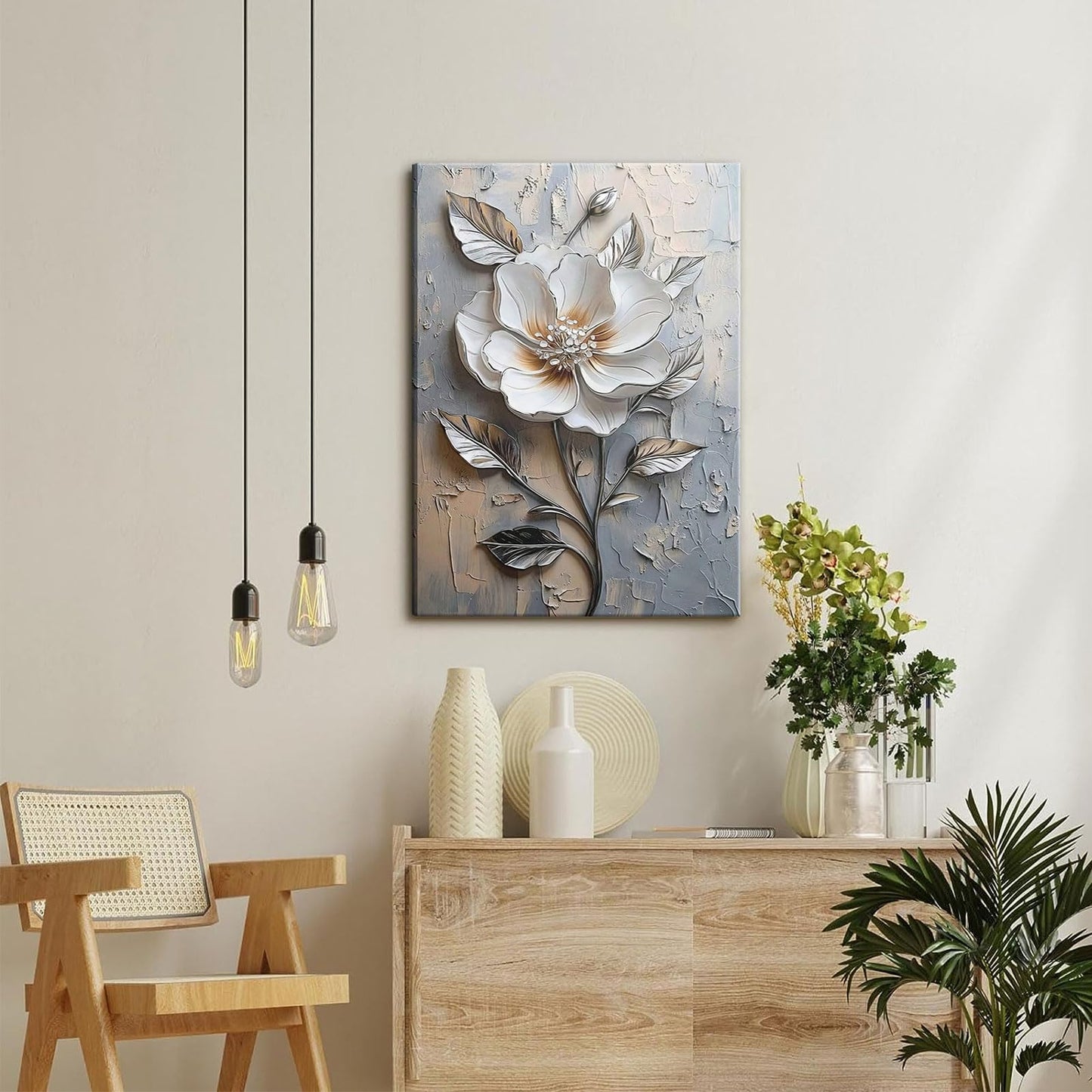 Elegant White Flower Canvas Wall Art Modern Abstract Floral Wall Decor Picture Blooming Flower Poster Print for Office Living Room Bedroom Bathroom Home Decoration 12x16in
