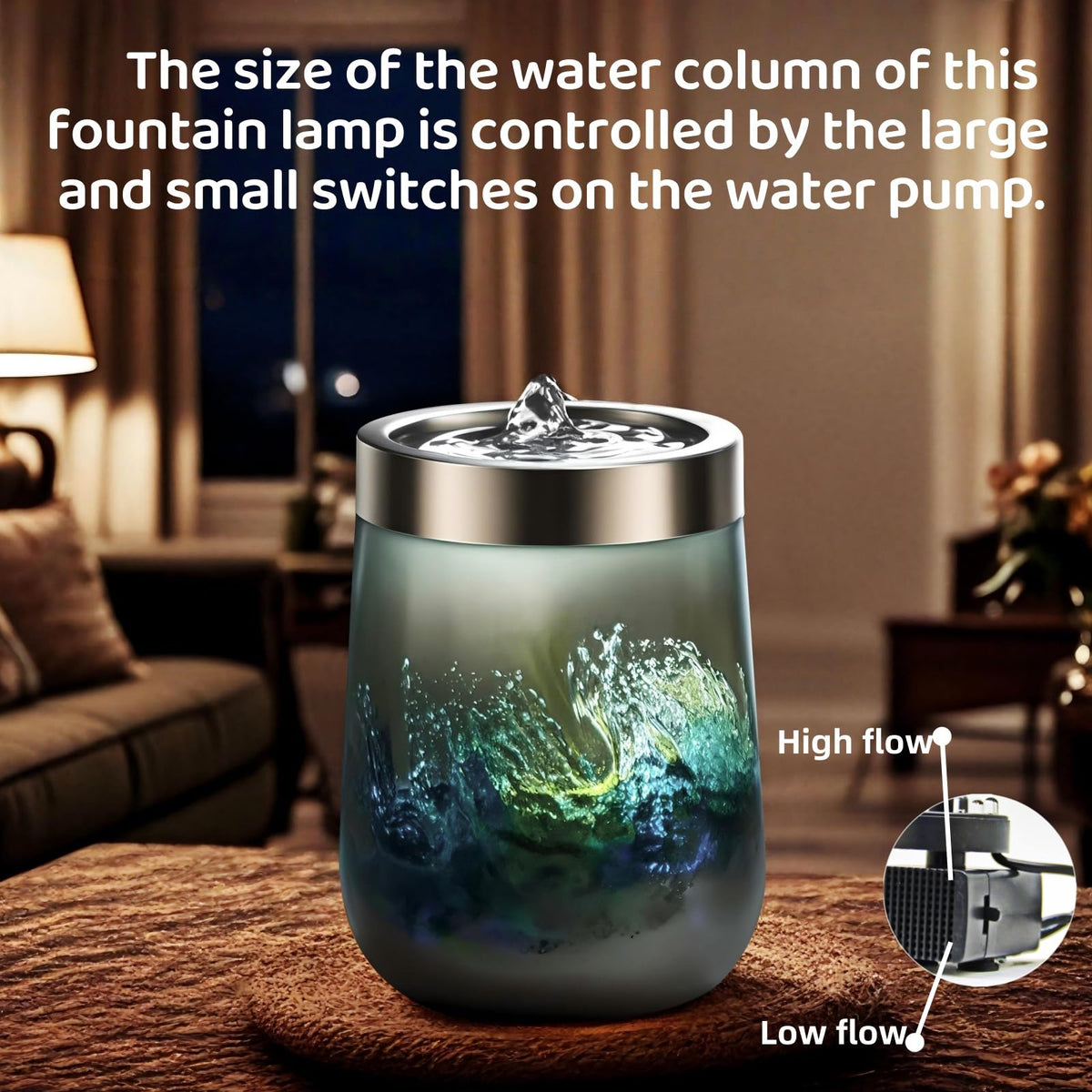 VOREEN Handblown Art Glass Tabletop Fountain, Quiet USB Desk Water Feature for Home & Office, Artisan-Made Landscape Glass Water Design with Soft White Ambient Glow, Collectible Décor Gift – Grey