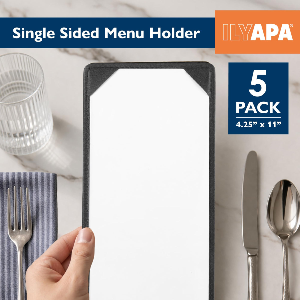 Ilyapa 5 Pack Restaurant Menu Covers 4.25 x 11 - Vinyl Leather Menu Holder, Single Sided Book with Corner Sleeves for Display of Wedding Menus, Weekly Kitchen Specials & Bar Drinks for Table Top