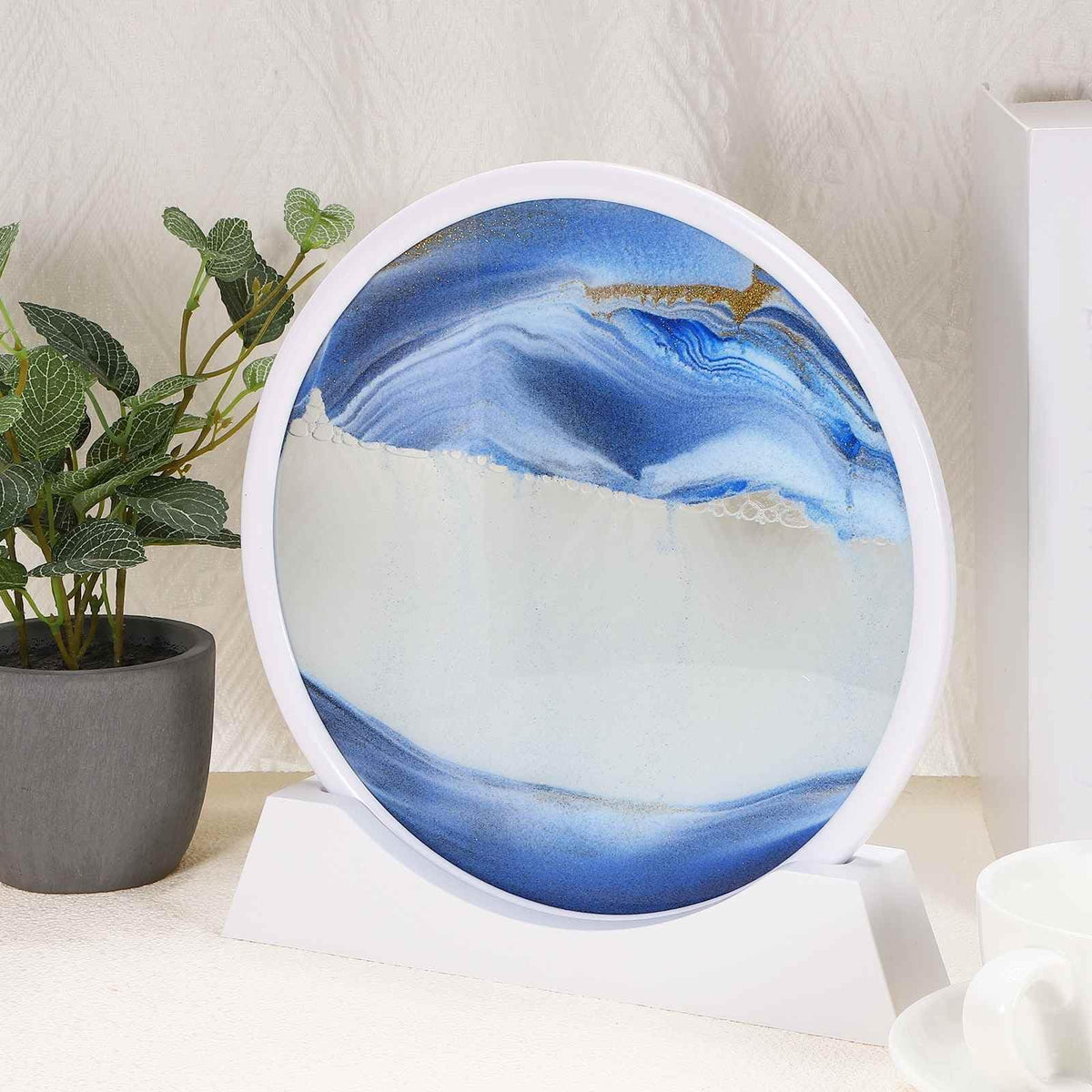 HEARTOOL Moving Sand Art Picture 12" Round Tempered Glass 3D Liquid Motion Deep Sea Flowing Sand Scene with Display Frame Perfect for Desktop & Office & Work Decoration (Blue)