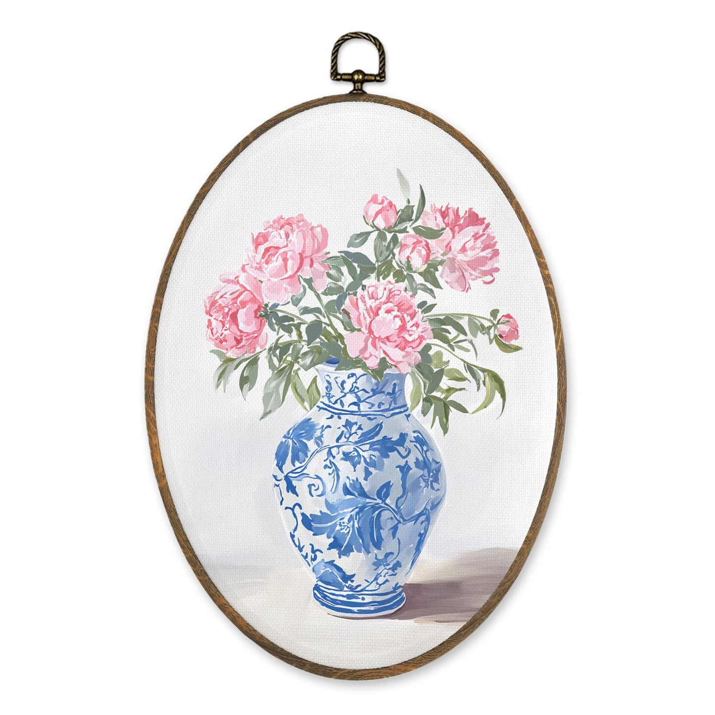 LKETW Chinoiserie Floral Oval Wall Art Decor, Blue and White Chinoiserie Porcelain Pink Flower Oval Canvas Hanging Decor, Grand Millenial Wall Decorations for Home Bedroom Office, 8.6x11.4 Inch