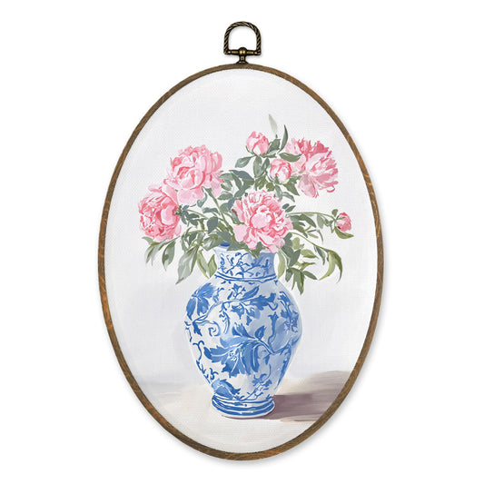 LKETW Chinoiserie Floral Oval Wall Art Decor, Blue and White Chinoiserie Porcelain Pink Flower Oval Canvas Hanging Decor, Grand Millenial Wall Decorations for Home Bedroom Office, 8.6x11.4 Inch