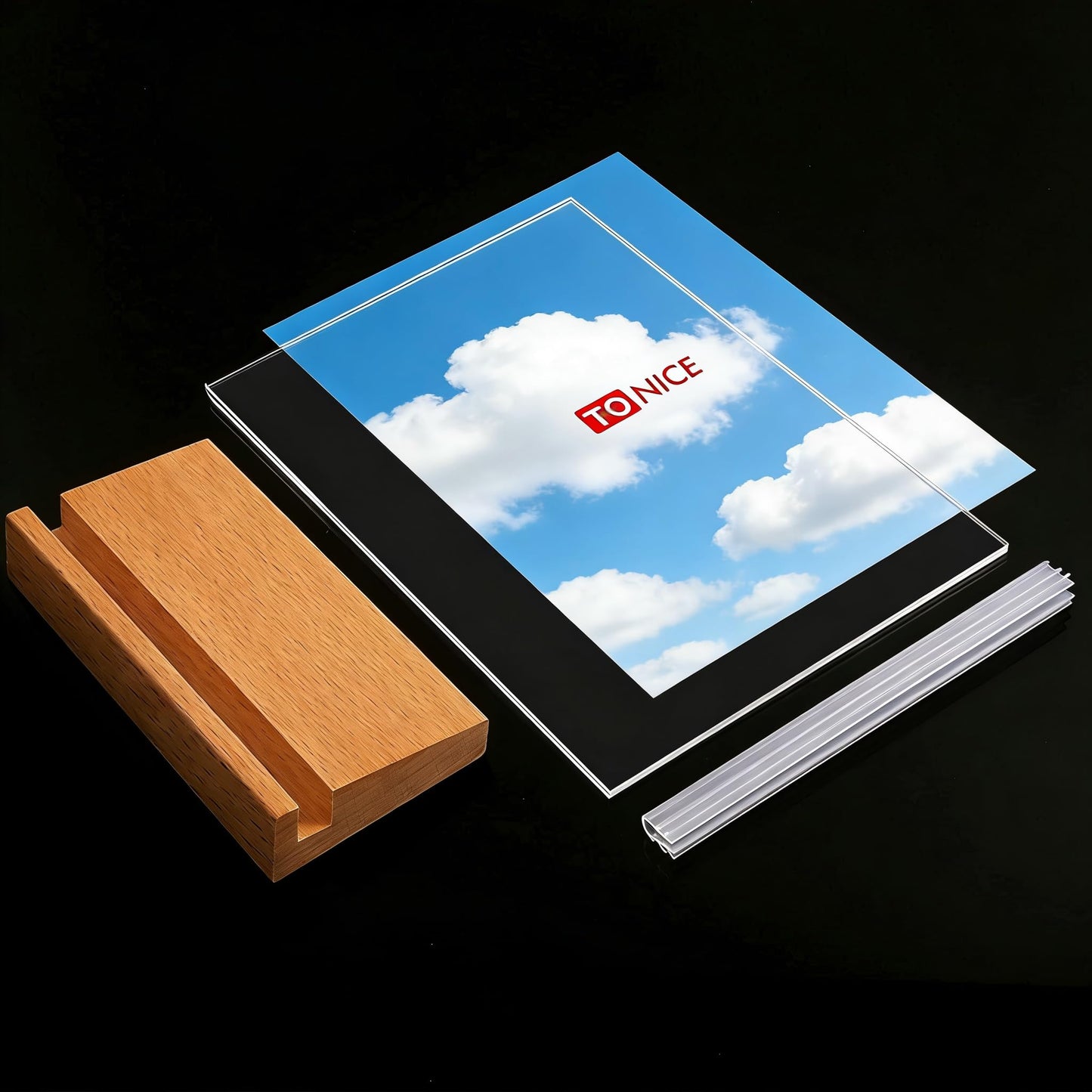 TONICE® 3 Pack 5x7 Acrylic Sign Holder Slant Back Design L Shape Clear Acrylic Frames Wood Base, Table Menu Display Stand Flyer Display for Desk Display (Optional 8.5x11/5x7 Inch L/T Shape)