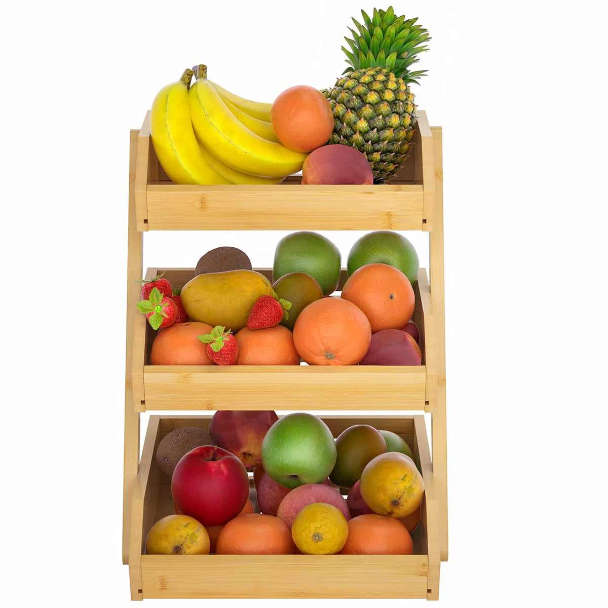 Merysen Large 3 Tier Bamboo Fruit Basket Stand for Kitchen Countertop – Fruit Holder – Suitable for Bread, Vegetables, Produce, Home Storage and Display