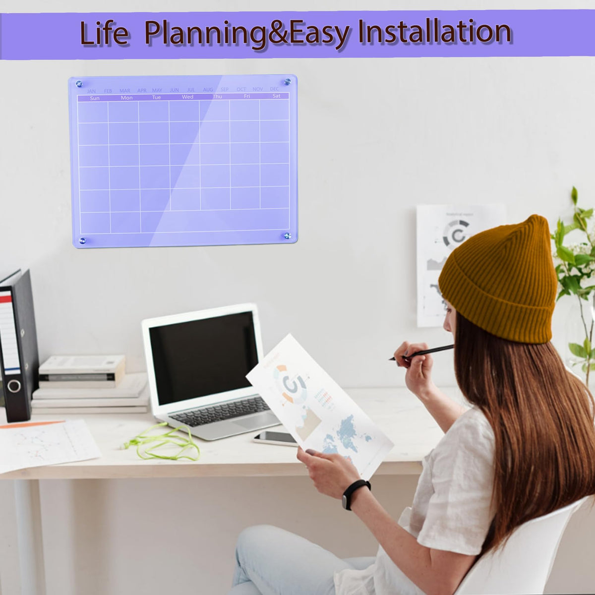 Marribol Acrylic Calendar for Wall,15.7''x11.8'',Acrylic Wall Calendar with Dry Erase Surface,Acrylic Monthly Calendar for Wall,Purple Dry Erase Board for Home Office School-PGYL-Pu-3040