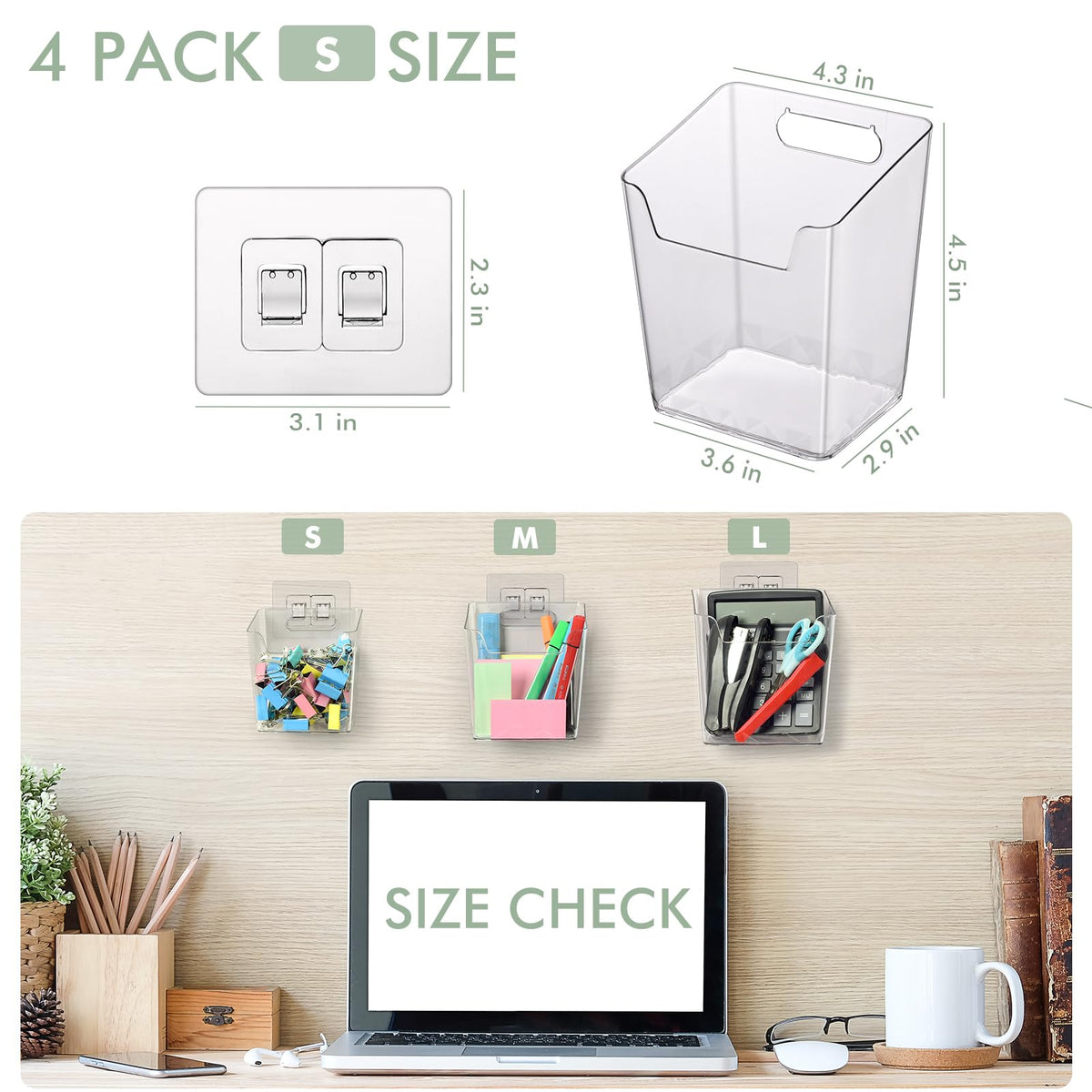 Clear Adhesive Wall Storage Bins, 4 Pack Cabinet Door Organizer Holders, Hanging Wall Mount Pockets, Plastic Cups for Shower Bathroom Makeup Office Craft Remote Kitchen Sink RV Organization (Small)