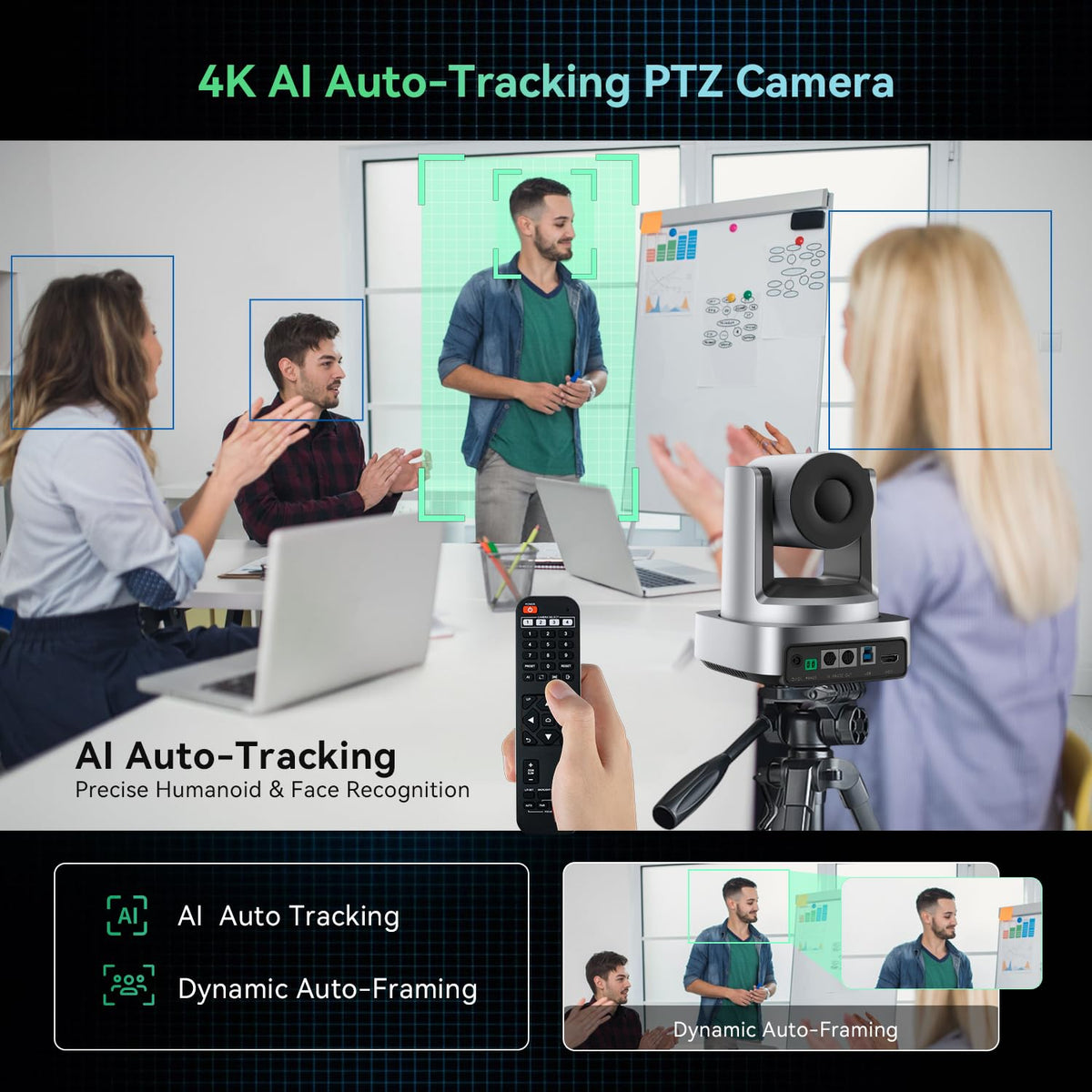 4K Conference Room Camera System, AI Auto-Tracking 4K PTZ Camera 3x Optical Zoom 92° Wide-Angle and Bluetooth Speakerphone 16.4FT Voice Pickup for Conferencing Worship Church Education Medical