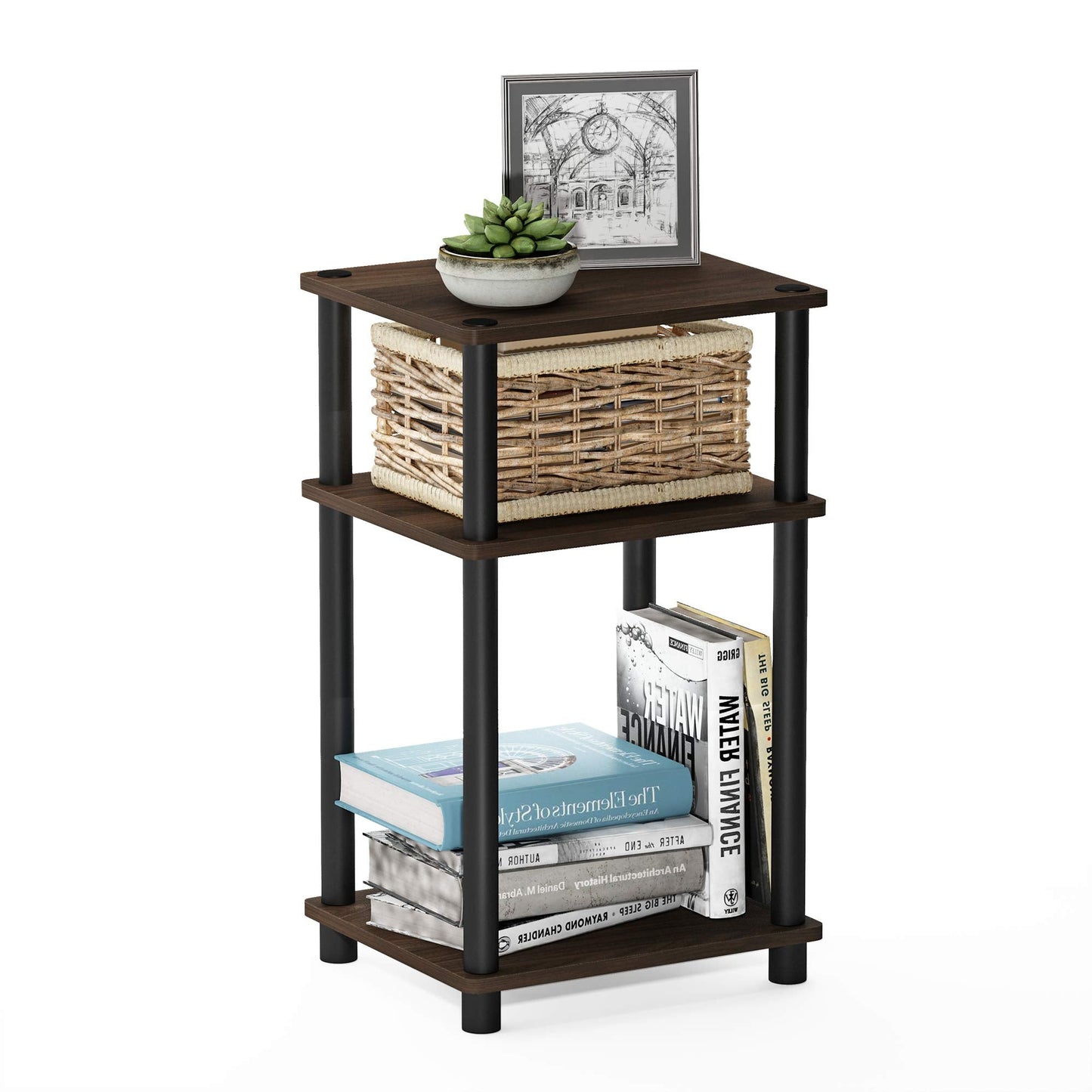 Furinno Just 3-Tier Turn-N-Tube End Table / Side Table / Night Stand / Bedside Table with Plastic Poles, 2-Pack, Columbia Walnut/Black