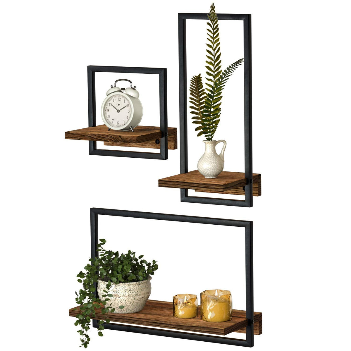 DELFOY Metal Frame Rustic Wooden Floating Hanging Shelves, Home Decor Wall Mounted Display Organizing Shelf for Living Room, Bedroom, Office Bathroom. Set of 3