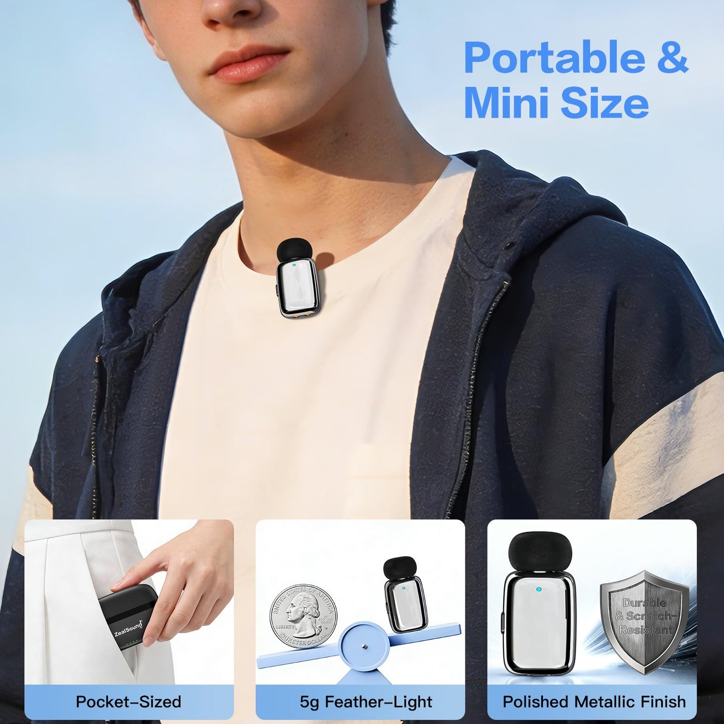ZealSound Mini Wireless Lavalier Microphone for iPhone iPad Android, Dual Channel Wireless Microphones with Noise Cancellation, Mute & Volume Control, 33H Battery Case, USB-C & Lightning Plug & Play