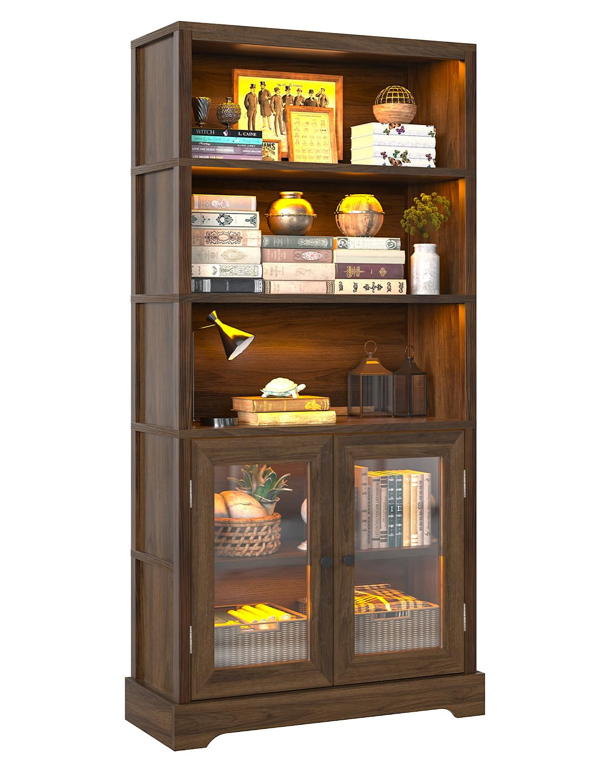 TVU 5-Tier Bookshelf, 65" Bookshelf with Multi-Color Ambient Lights (APP Remote Control), Tall Display Shelf with Cabinet Doors, Suitable for Living Room, Bedroom, Study, Office, Rustic Brown