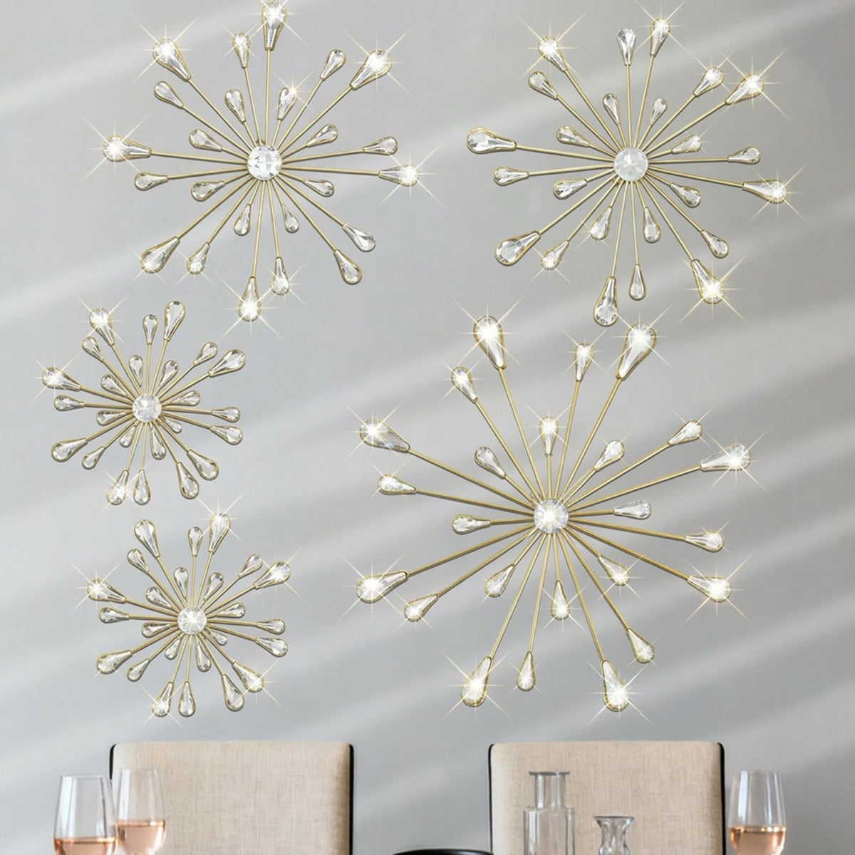 PEDOBALI 5 Pcs Starburst Wall Decor Radial Metal Artwork Gold Bling Wall Art Crystal Teardrop Modern Accent Sculptures Decorations 3D Hanging Rhinestone for Office Home Living Room Bedroom