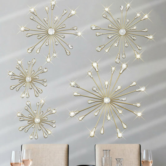 PEDOBALI 5 Pcs Starburst Wall Decor Radial Metal Artwork Gold Bling Wall Art Crystal Teardrop Modern Accent Sculptures Decorations 3D Hanging Rhinestone for Office Home Living Room Bedroom