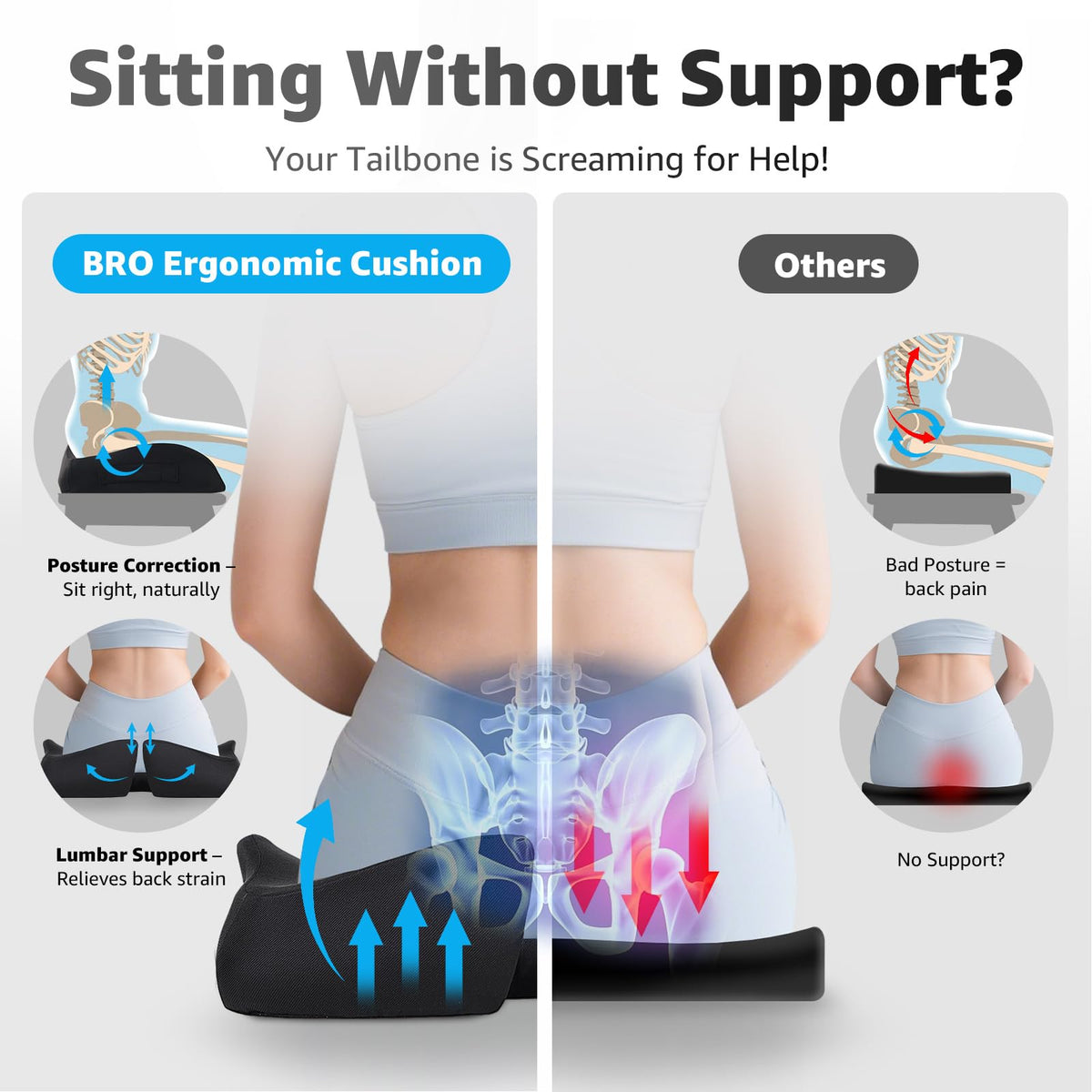 BRO Extra Large Office Chair Cushion for Sciatica Pain Relief: Memory Foam Seat Cushion for Tailbone Pain Relief Support for Long Sitting - 2 × Removable Covers with Handle - Car/Office/Home Use