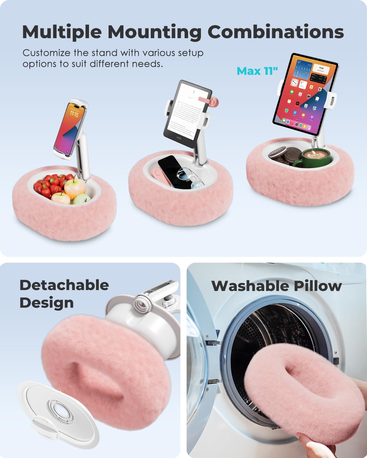 Viozon Tablet Pillow Stand,Kindle Pillow Stand, Compatible with 4-11" Tablet/Phone with Small Bowl, Kindle Holder Accessories,Idea for Reading and Video Watching On Bed,Pink