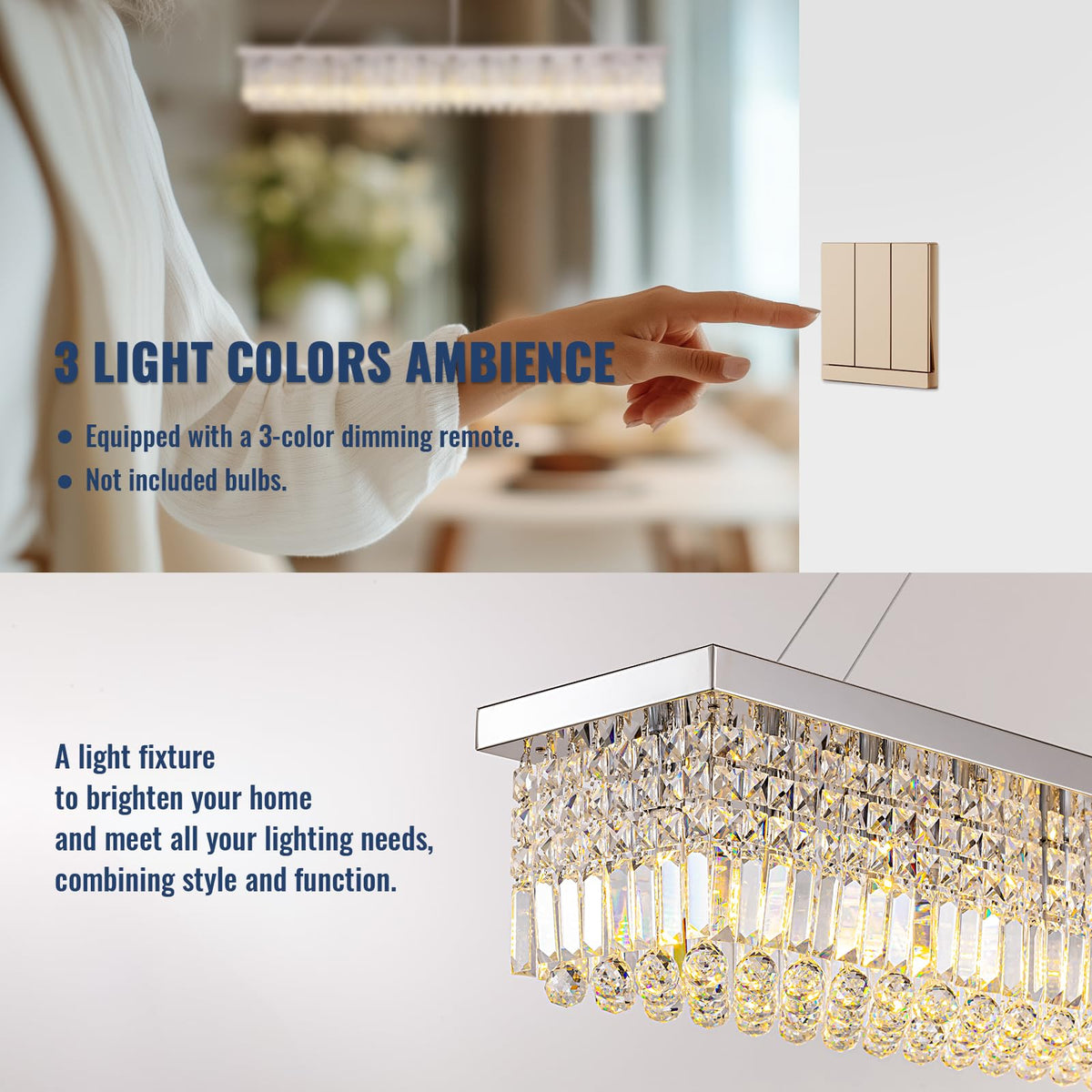 Tinkoso 59-inch Modern Crystal Chandelier,13-Light K9 Crystal Rectangle Chandelier for Dining Room,Kitchen Island Adjustable Hanging Pendant Light Fixture,Chrome Finish