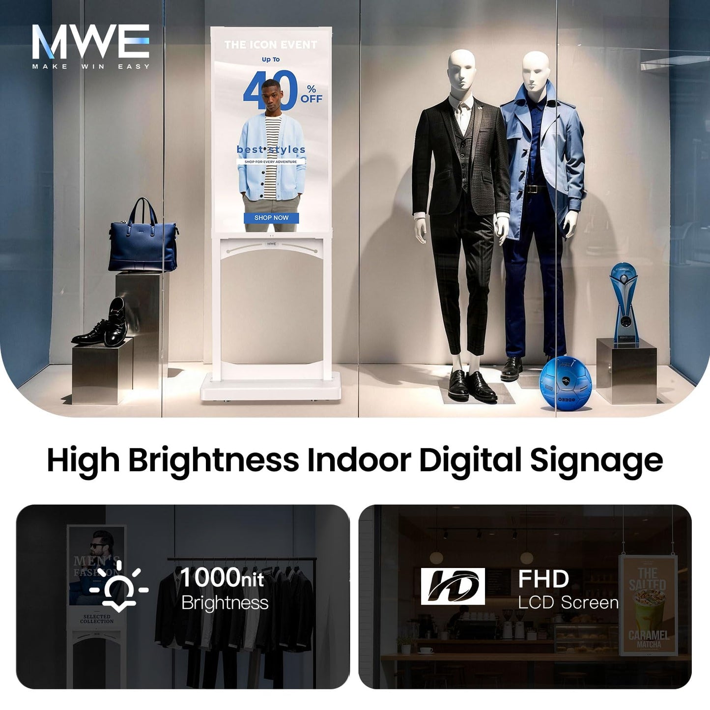 MWE 43 Inch Indoor Digital Signage Display, 1000 Nits Window Advertising Display Kiosk, Free Custom Logo Nameplate, Support Floor Standing or Ceiling Mounted, for Retail Store Window Promotion