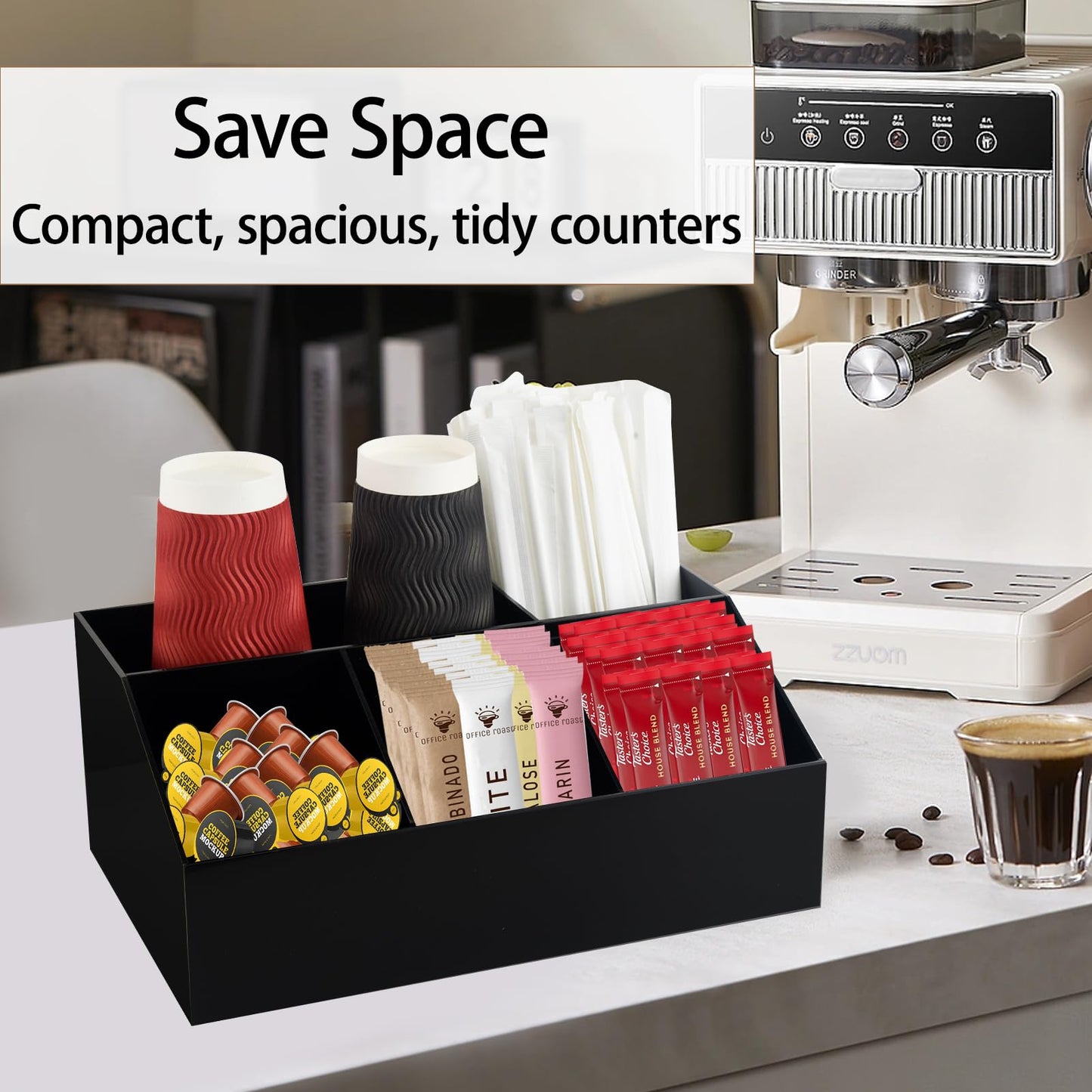 Watpot Coffee Bar Station Organizer for Countertop, Acrylic Coffee Pods Sugar Packets Tea Bags Storage Basket for Countertop, Black