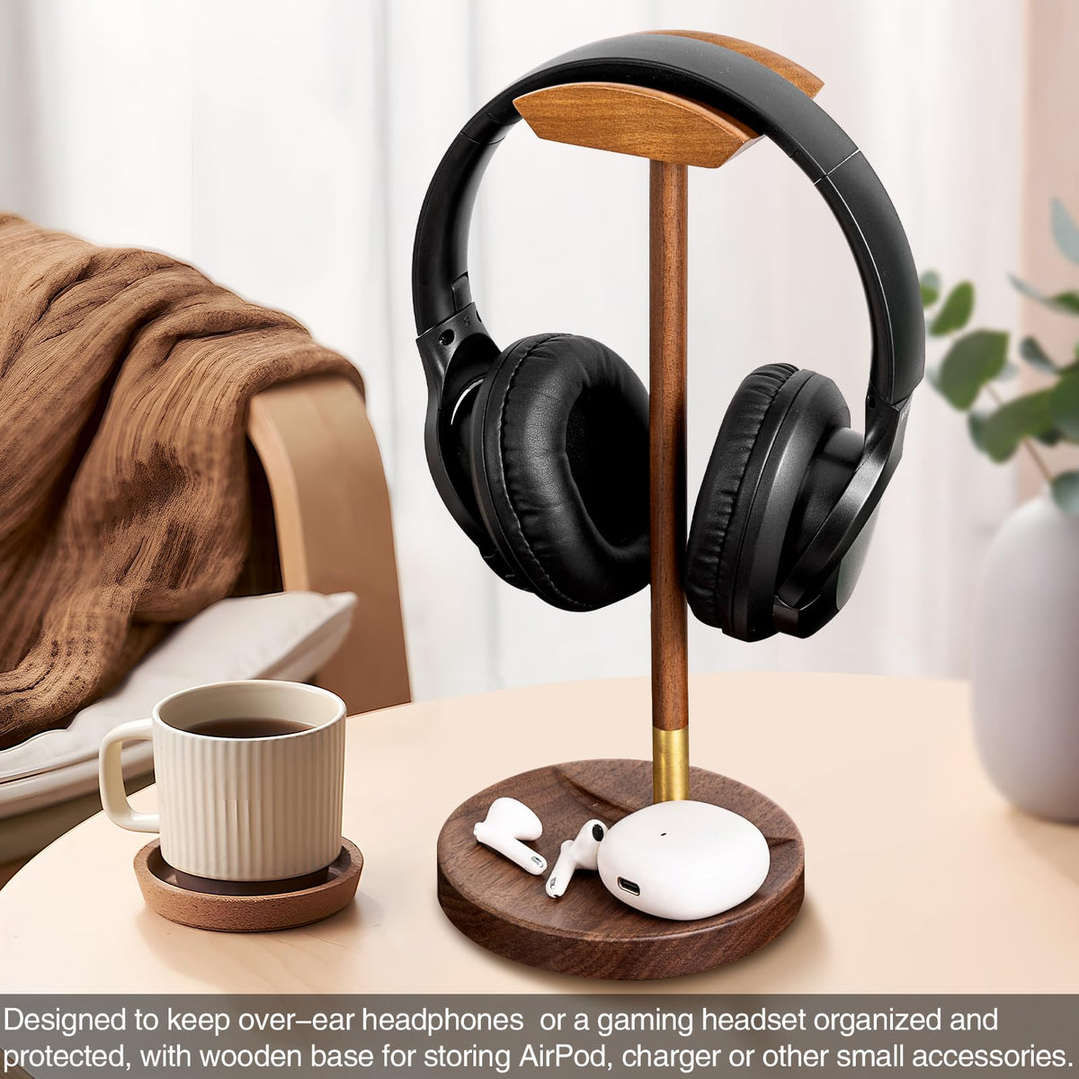 Plehood Headphone Stand for Desk, Solid Wood Gaming Headset Stand, Universal Wooden Headphone Stand Hanger, Wooden Headphone Holder with Storage Base for Airpod max and More