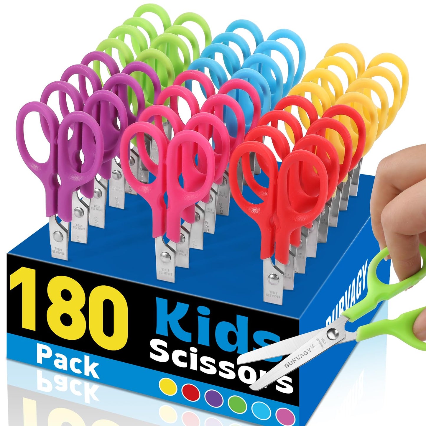 BURVAGY 180Pack 5" Small School Student Blunt Kids Craft Scissors, Sharp Stainless Steel Blades Safety Toddler Kid Child Comfort Grip Scissors Bulk for Children Cutting Paper