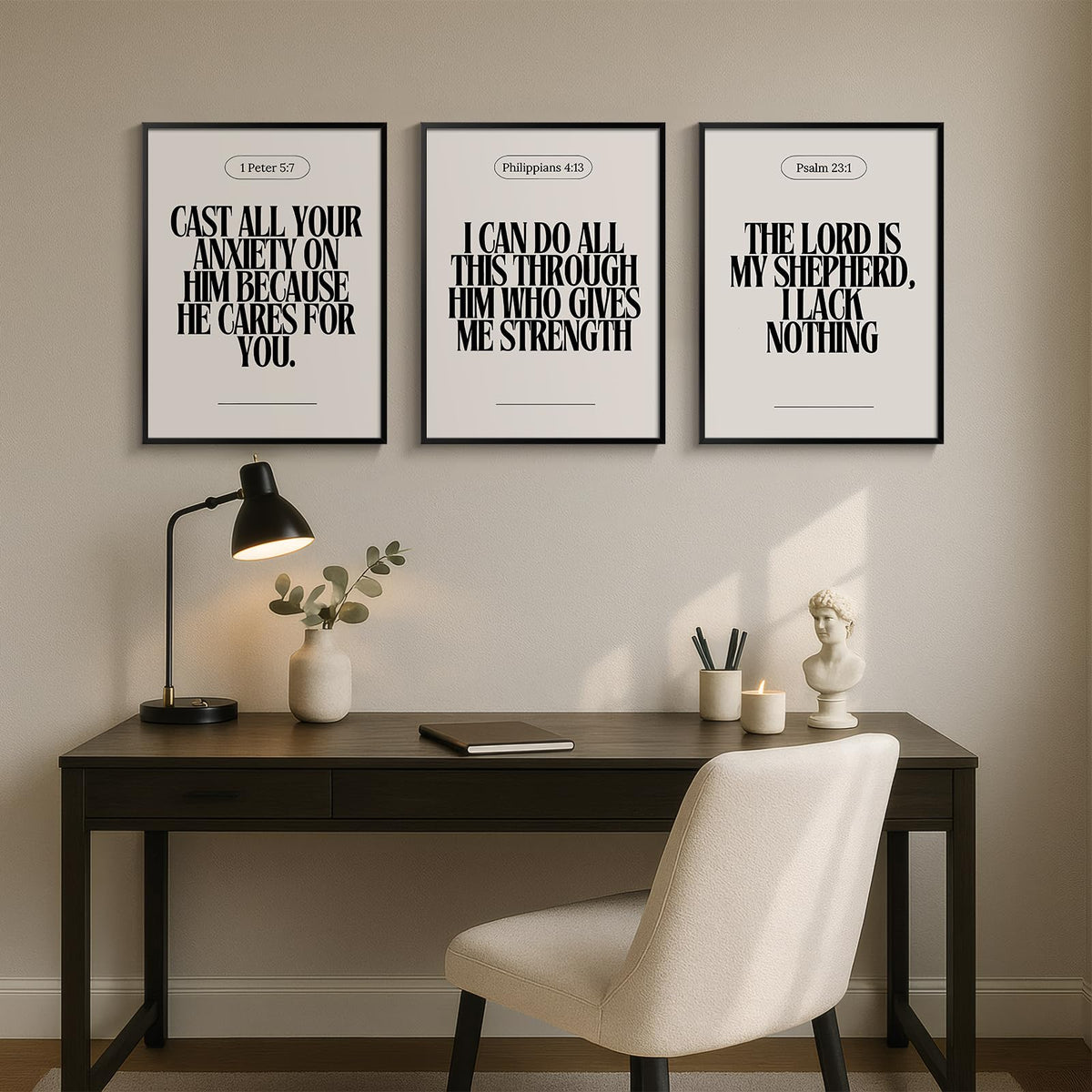 Framed Christian Wall Art Set of 3, Neutral Bible Verse Prints 1 Peter 5 7 Philippians 4 13 Psalm 23 1, Religious Inspirational Scripture Artwork Decor for Living Room Bedroom Prayer Room, 12x16 Inch