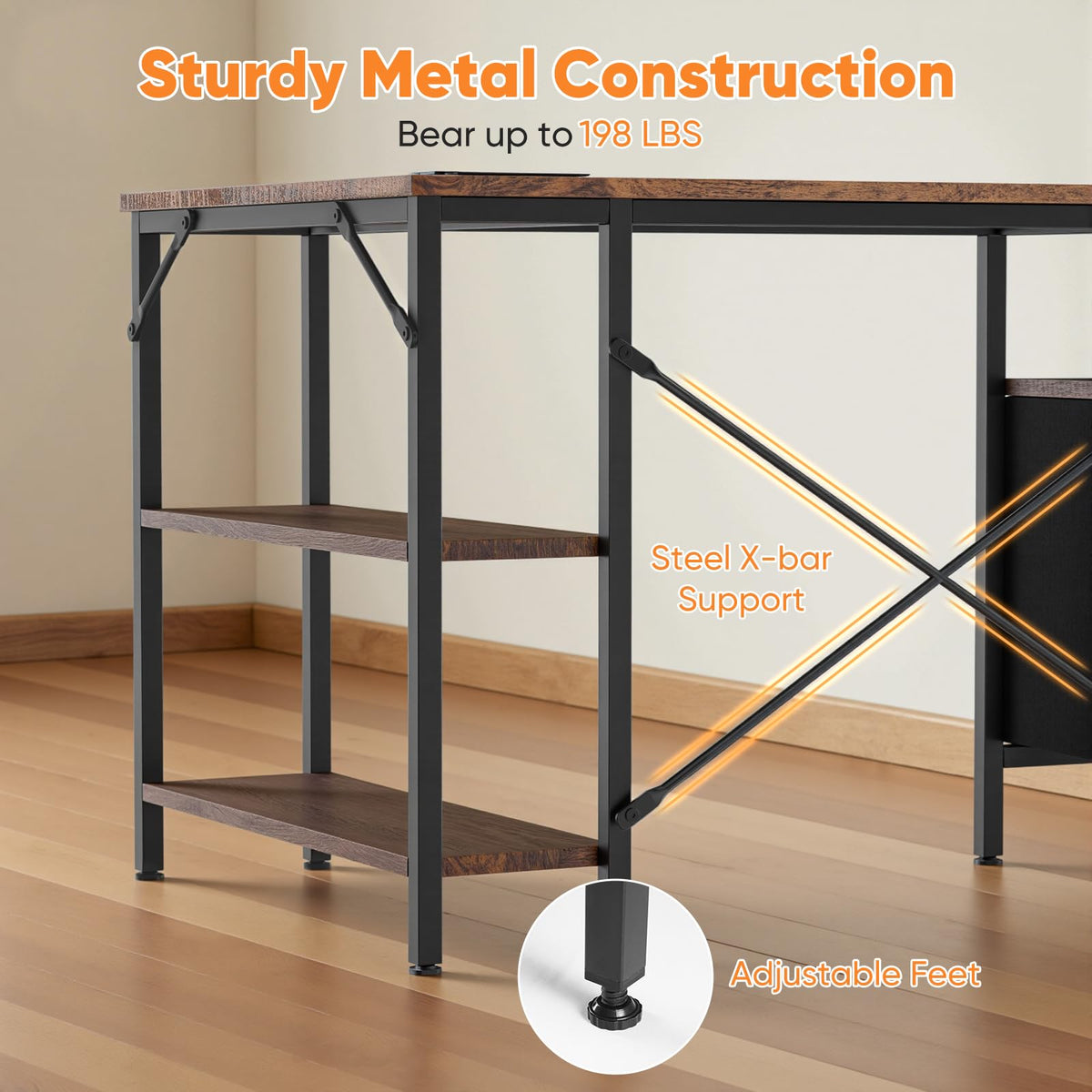DUMOS L Shaped Desk with Shelf Drawers 55 Inch, Brown Corner Computer Desks Gaming with Power Outlet, Study Table with Adjustable Shelves, Home Office Tables for Bedroom Teacher Reading Writing