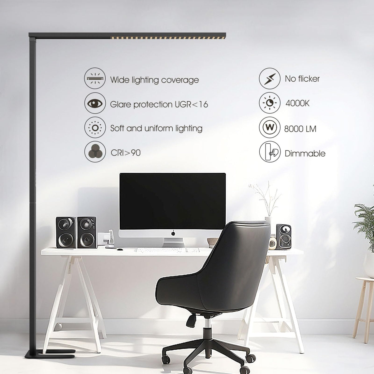 ZUIKAIG 77"LED Floor Lamp,80W Black Modern Free-Standing Lamp,8000LM Dimmable High brightness office Lamp for Reading Study Room，Living Room，Bedroom Room,Piano Room,Meeting Room 4000K Natural Daylight