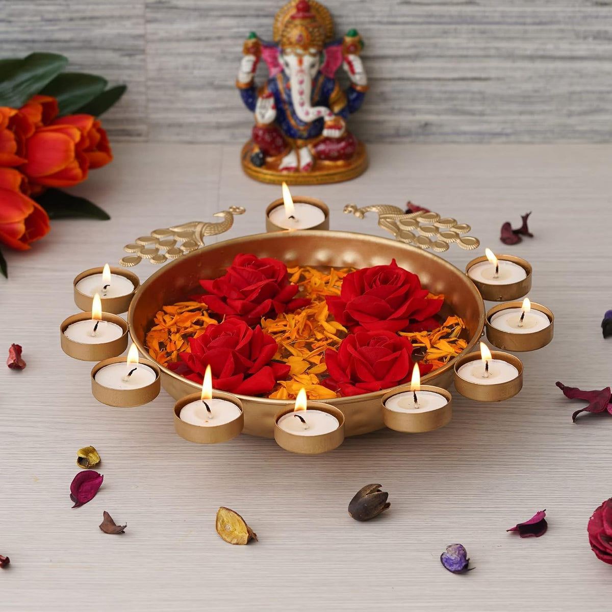 Diya Shape Decorative Urli Bowl for Home Metal Handcrafted for Floating Flowers and Tea Light Candles Home,Office and Table Decor| (Peacock Shape urli Bowl)
