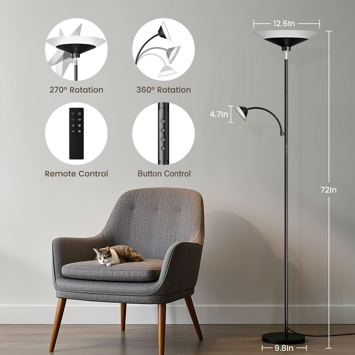 SIBRILLE Upgraded 2-in-1 Torchiere Floor Lamp, Dimmable Standing Lamp with Remote&Button Control, 34W Brightness Adjustable Floor Reading Light, Black Modern Corner Lamp for Living Room Bedroom Office
