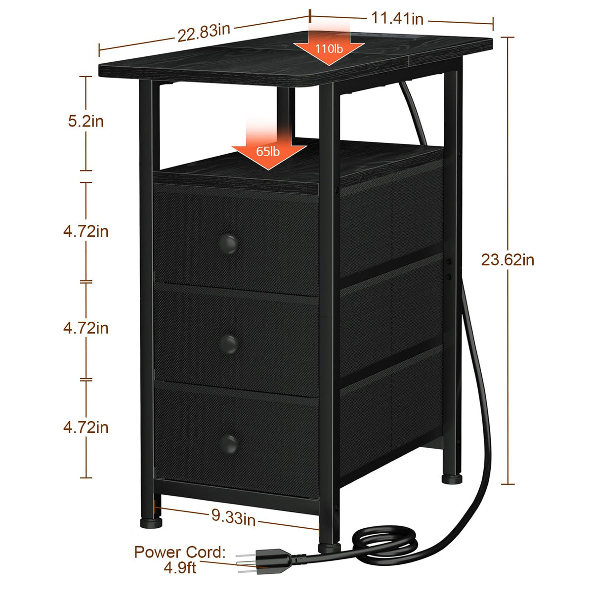 AMHANCIBLE End Tables Living Room with Charging Station, Narrow Side Table with USB Ports and Outlets, Slim Nightstand with 3 Fabric Drawers for Bedroom, Small Space, Black, HETN013BK-1
