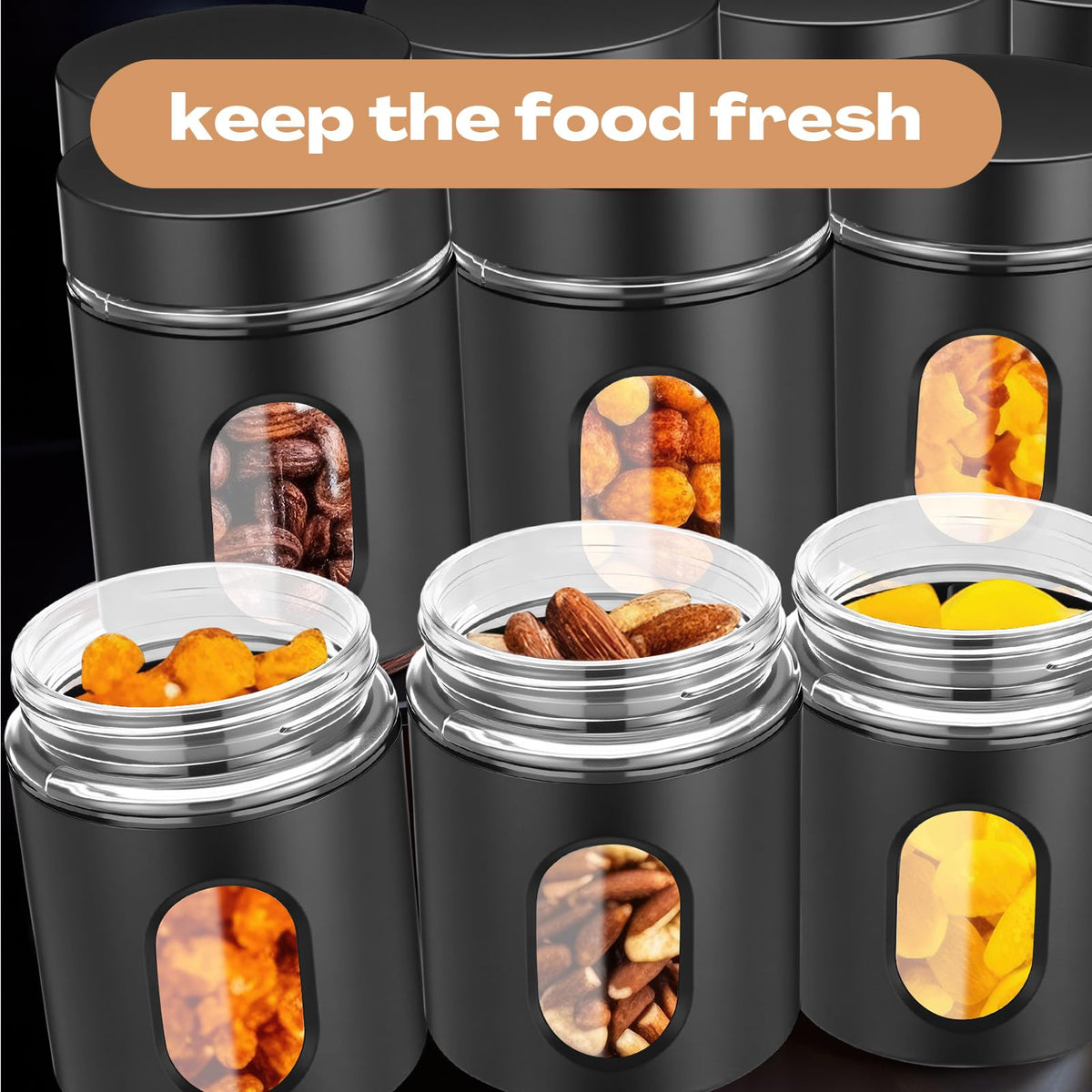 Patelai 6 Pack Kitchen Canisters Set 20 oz Airtight Stainless Steel Canister Food Storage Container with Window Glass, Coffee Sugar Candy Jars Tea Organizer for Flour Cookies Spice Kitchen (Black)