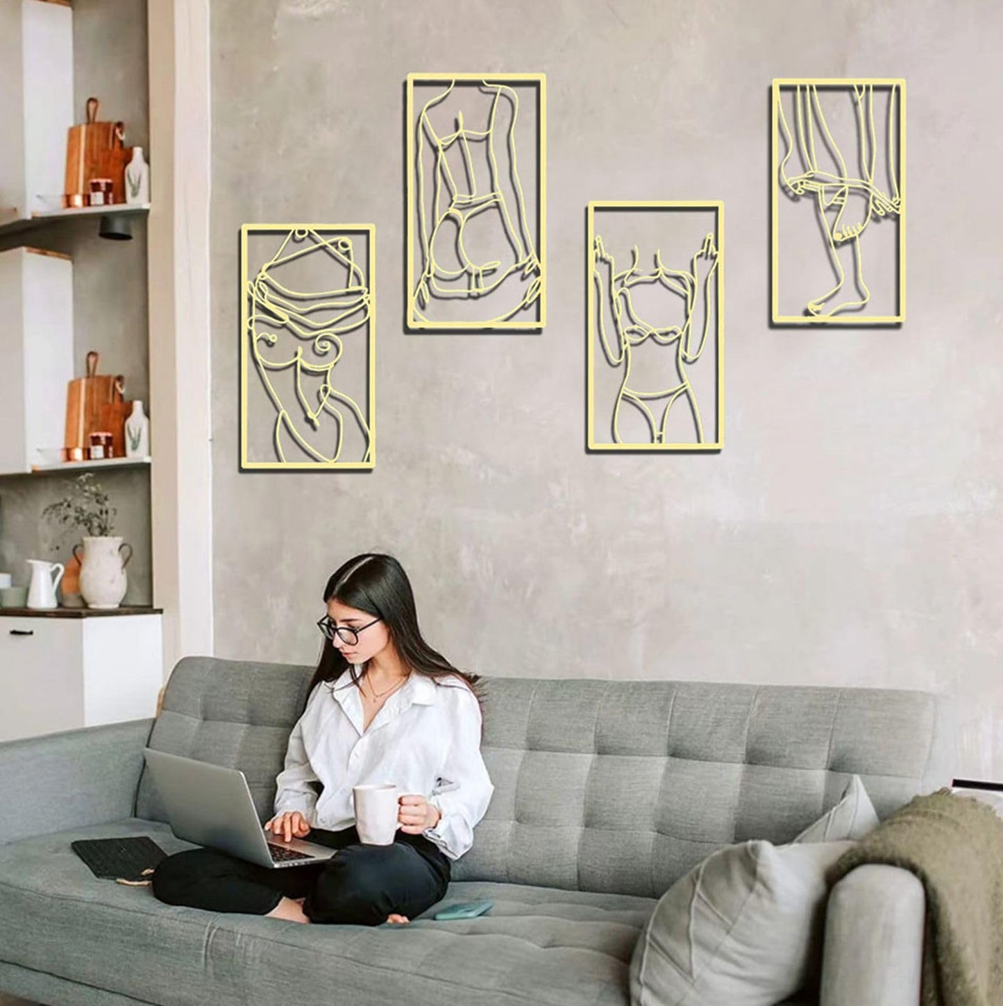 DoMyfit 4-Piece Abstract Line Metal Wall Art Print Decor Line Drawing Home Hanging Wall Art for Living Room Bedroom Wall (Gold)